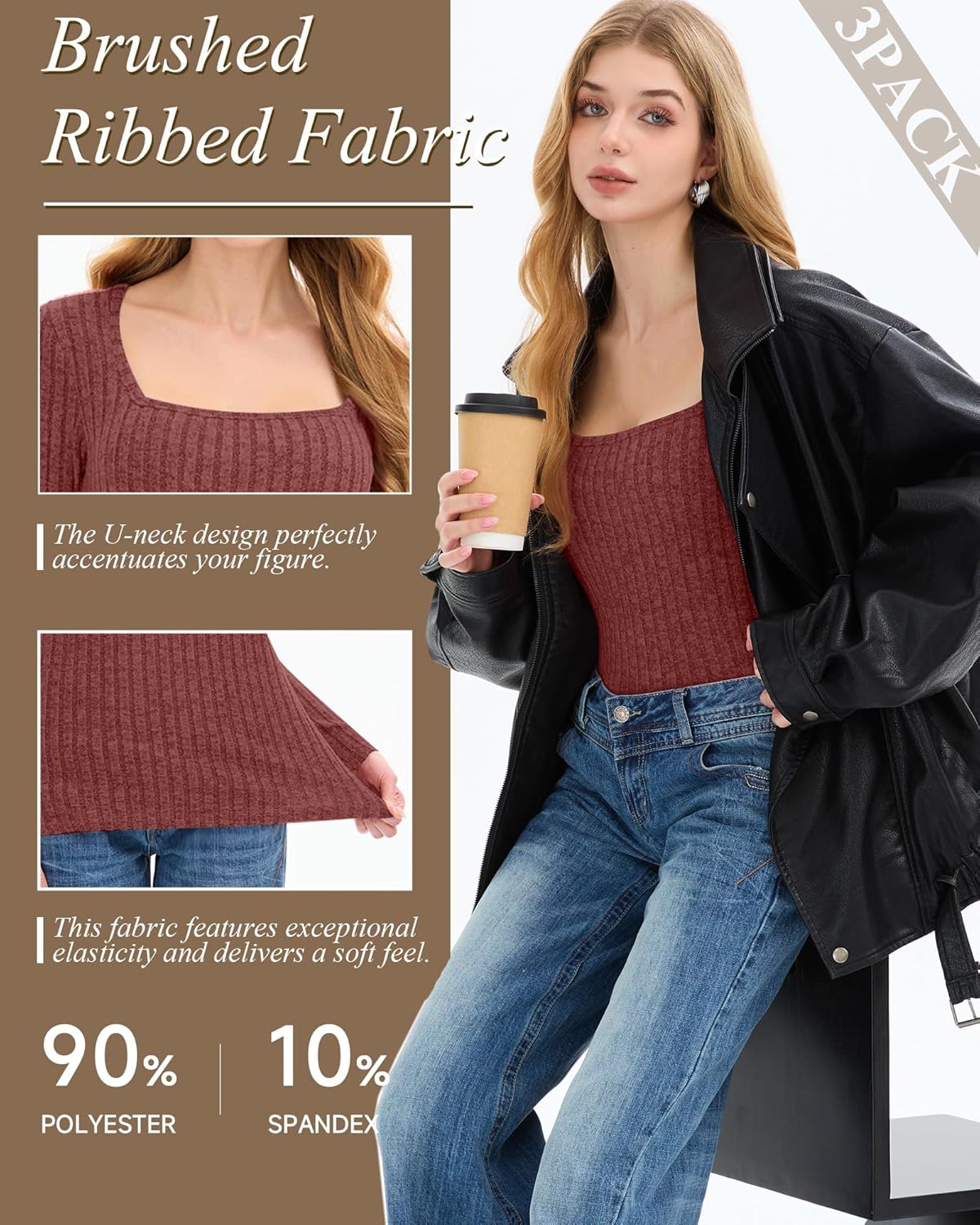 3 Pack Women's Long Sleeve Sweaters Ribbed Square Neck Slim Fit Tops Casual Stretch Lightweight Pullover Sweaters - Image 4