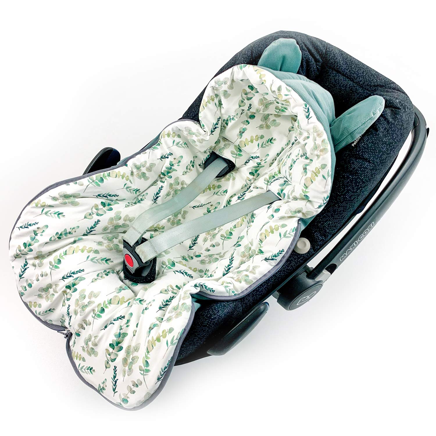 Fußsack für Babyschale Ganzjährig Boucle, Übergang Einschlagdecke universal 3-Punkt Eukalyptus