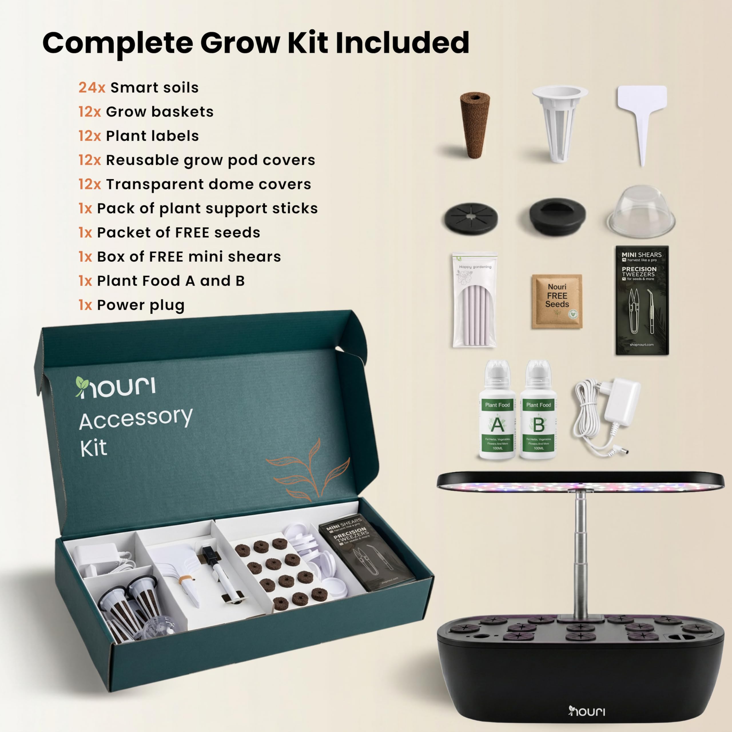 Nouri Hydroponisches Anzuchtsystem, 12 Hülsen Smart Indoor Kräutergarten Set mit App & LED-Wachstumslicht, Hydroponischer Kräutergarten für Zuhause & Küche, Salat Little Gem Samen inklusive