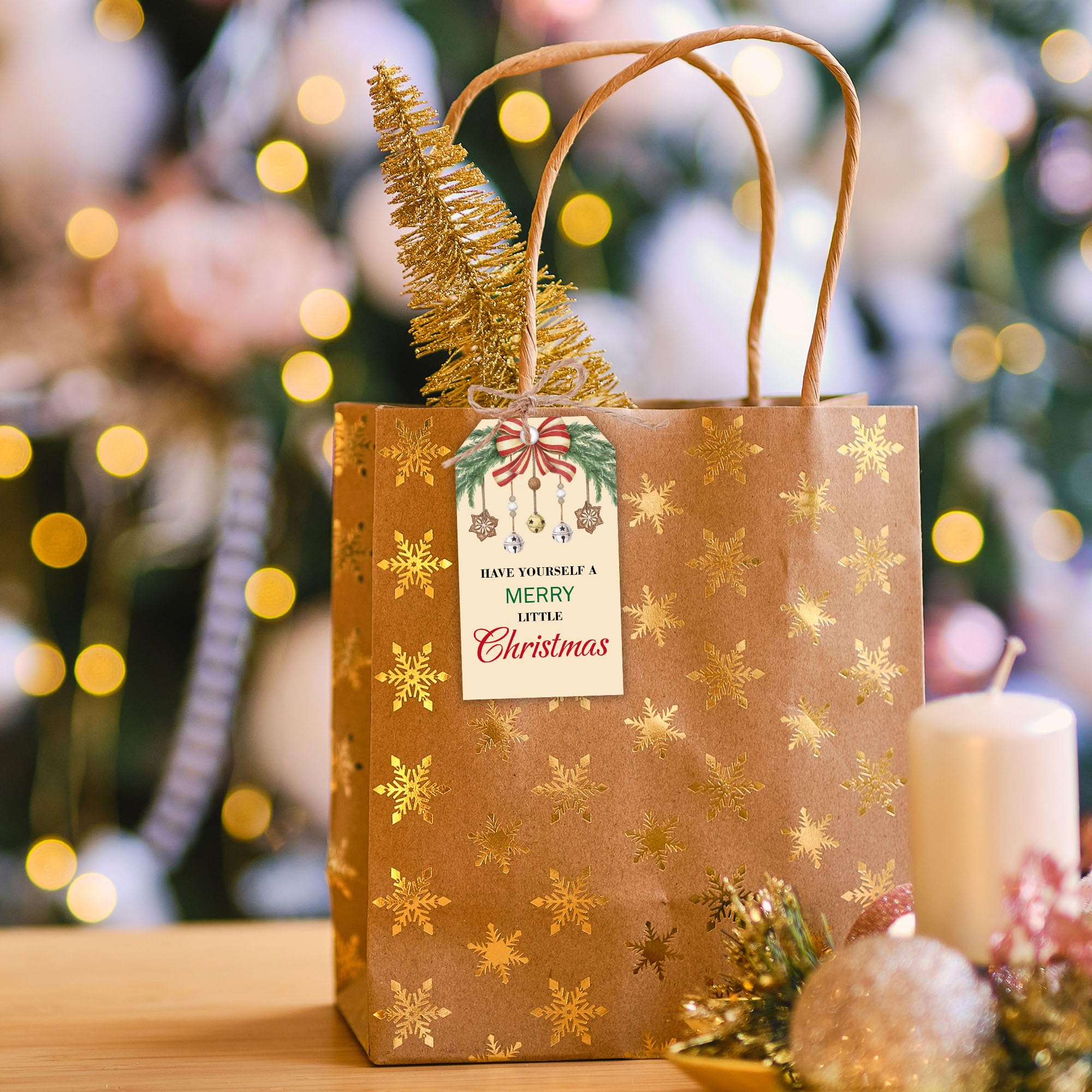 C09 Weihnachts-Geschenkanhänger aus Papier, mit Schnur, 5,1 x 8,9 cm, Weihnachts-Stechpalme und Schleife, "Have Yourself A Merry Little Christmas", Weihnachtsdekoration, Partyzubehör