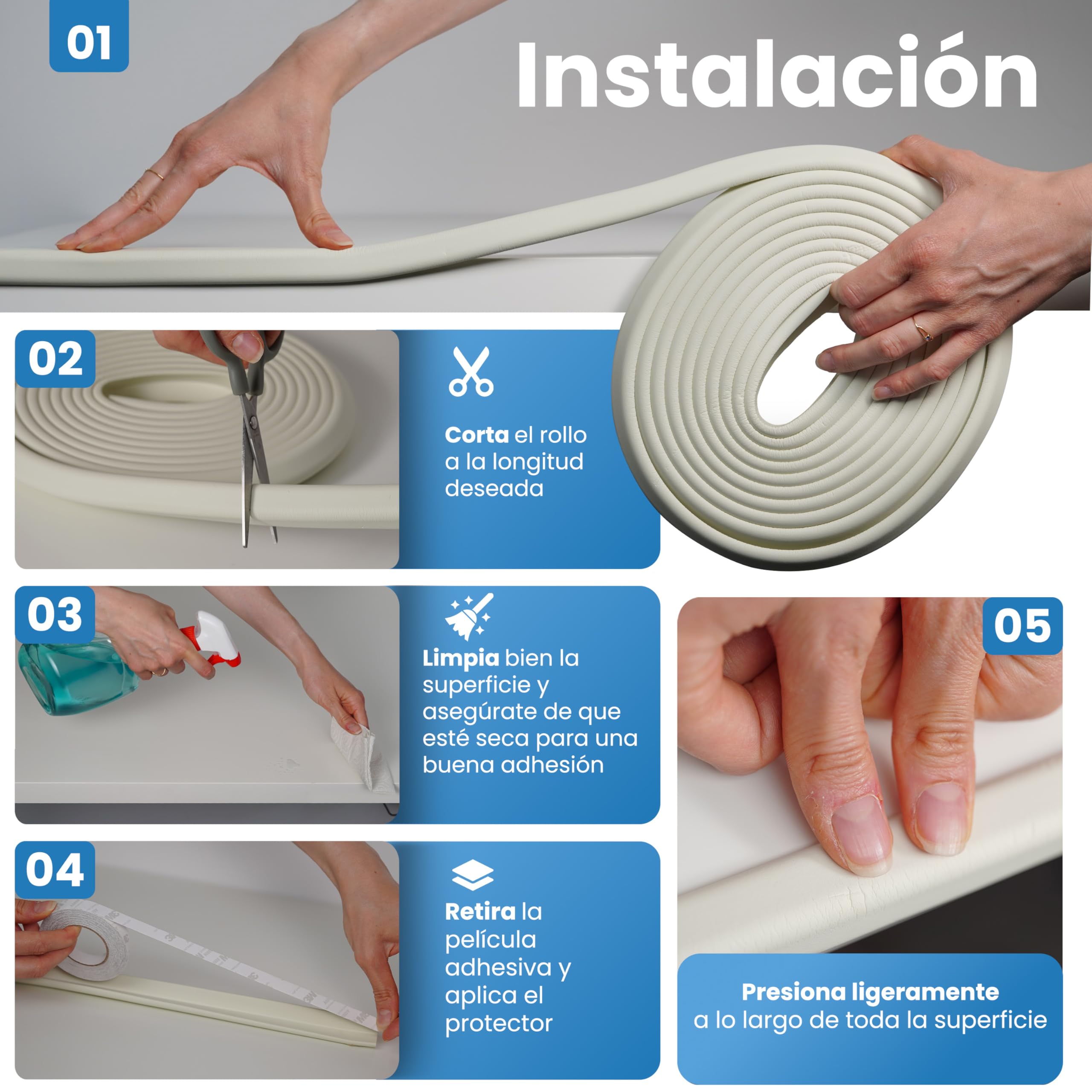 Happy Chlea Protector Esquinas Bebé – Cobertura Total 6,4 m (Rollo Protector de Bordes + 8 Cantoneras) + 4 Cerraduras y 1 Tope Puerta, Kit Seguridad Infantil para Mesa y Muebles