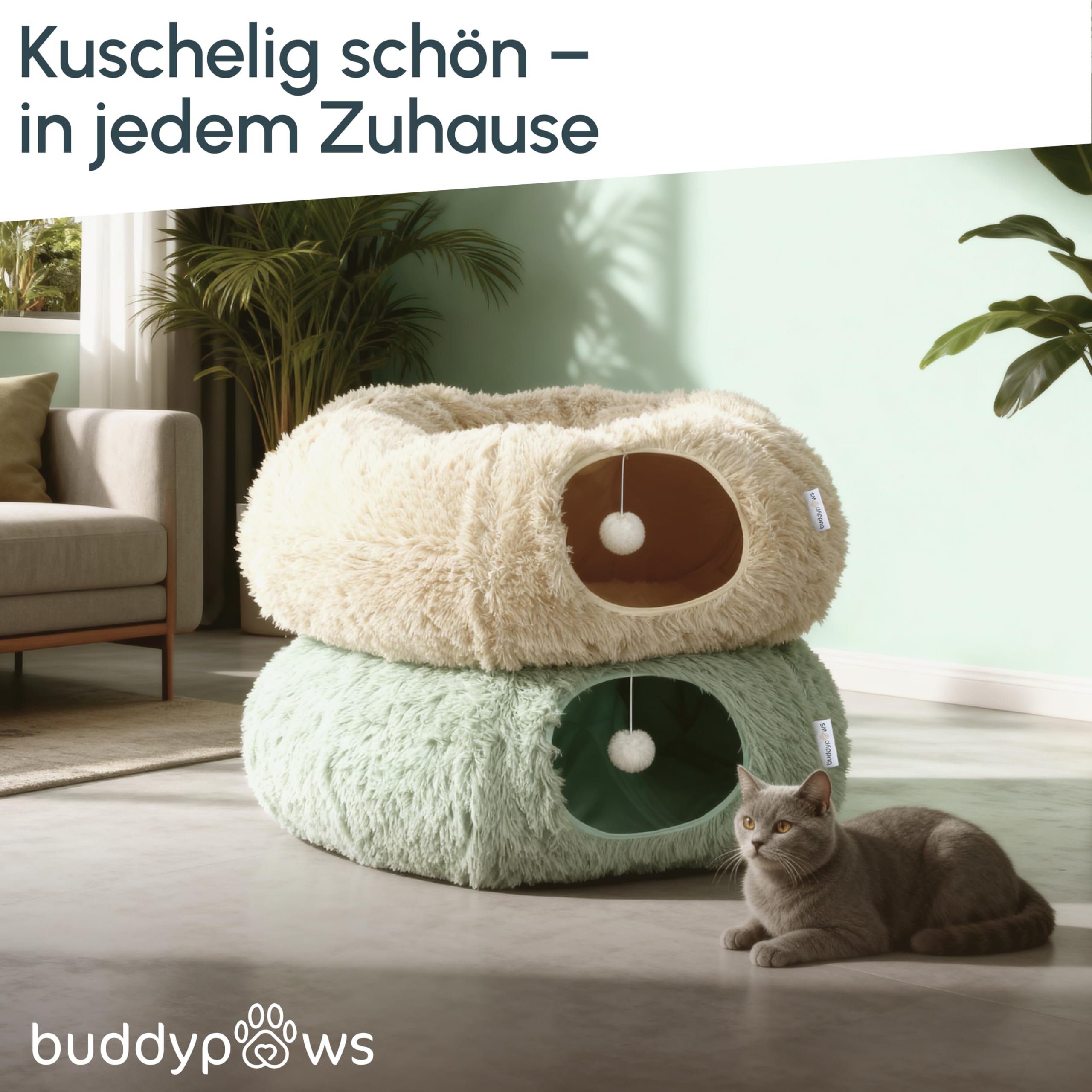 3-in-1 Katzentunnel mit Katzenbett & Kratzflächen | Flexibel nutzbarer Premium Katzentunnel aus weichem Plüsch als Katzenhöhle, Katzenkorb & Katzenspielzeug | Waschbar | Mit Sisal Kratzmatte | BEIGE