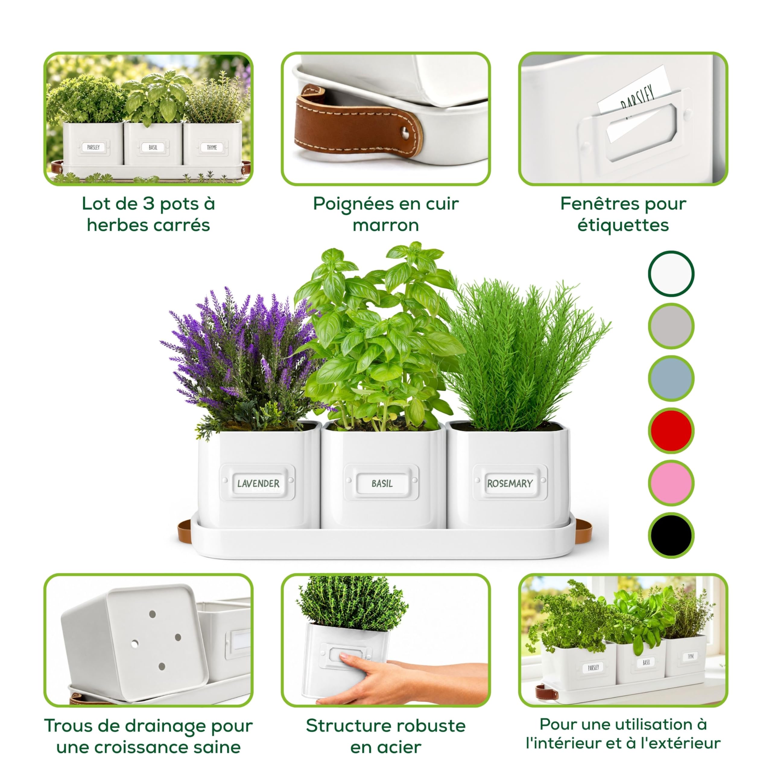 Green Thumbz Jardinière Herbes Aromatiques avec Poignée en Cuir - Idéal pour Basilic en Pot Herbes Aromatiques à Planter - avec Bac de Récupération et Trou de Drainage (Blanc)