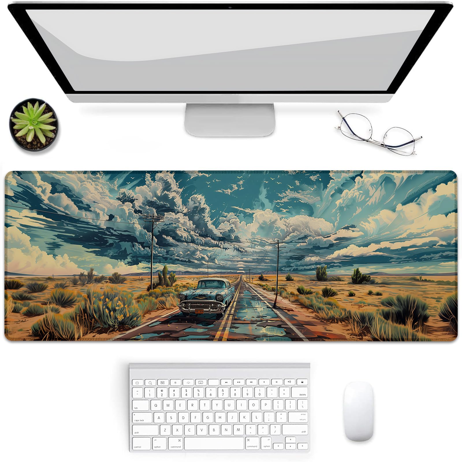 Vintage Road Classic Car Gaming Mouse Pad, Mouse Pad, Desk Mat, Non-Slip Rubber Base MousePads for Computers Laptop Office School Home Accessories Decor Gifts 31.5" x 11.8"