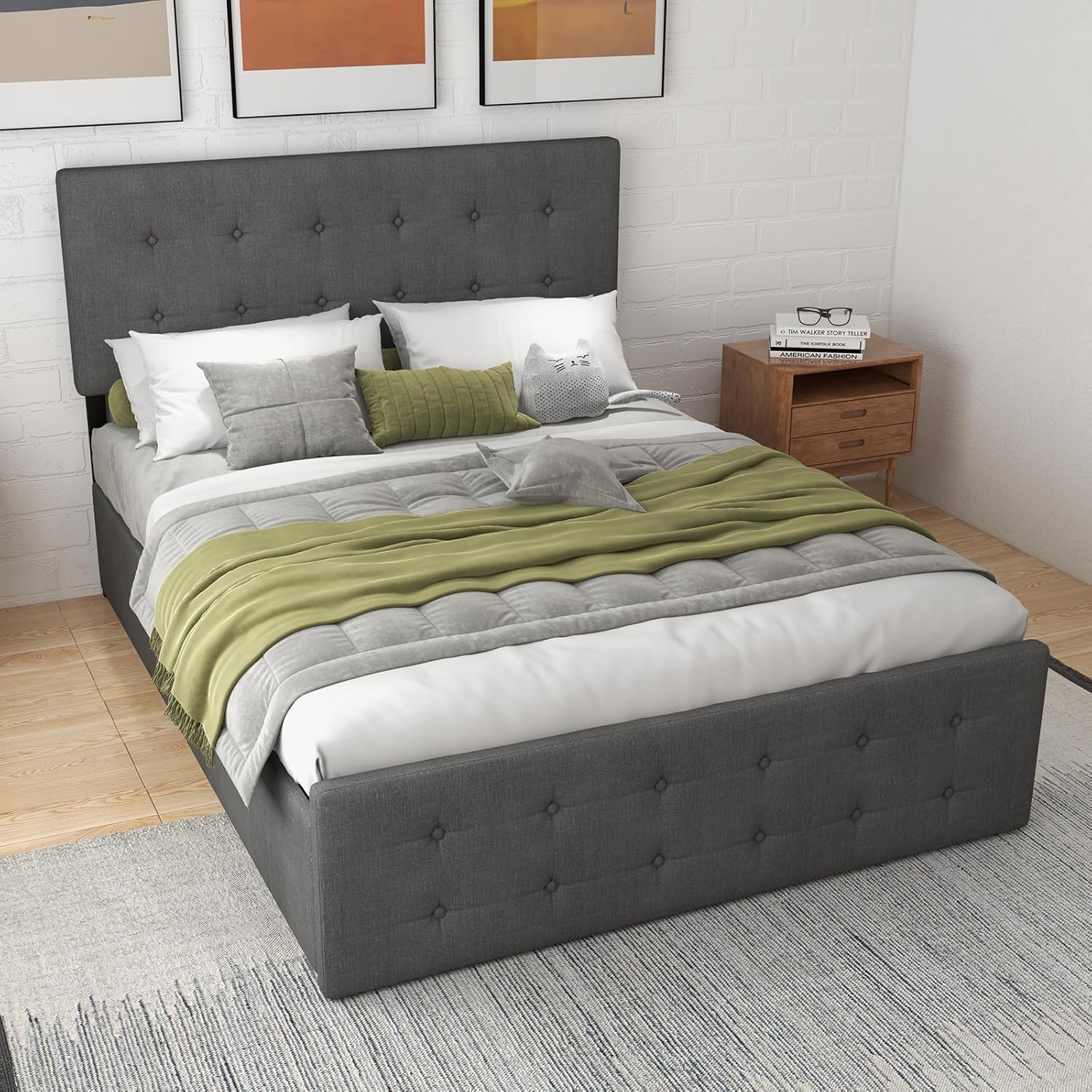 Gyabnw Grey Queen Bed Frame with 4 Storage Drawers and