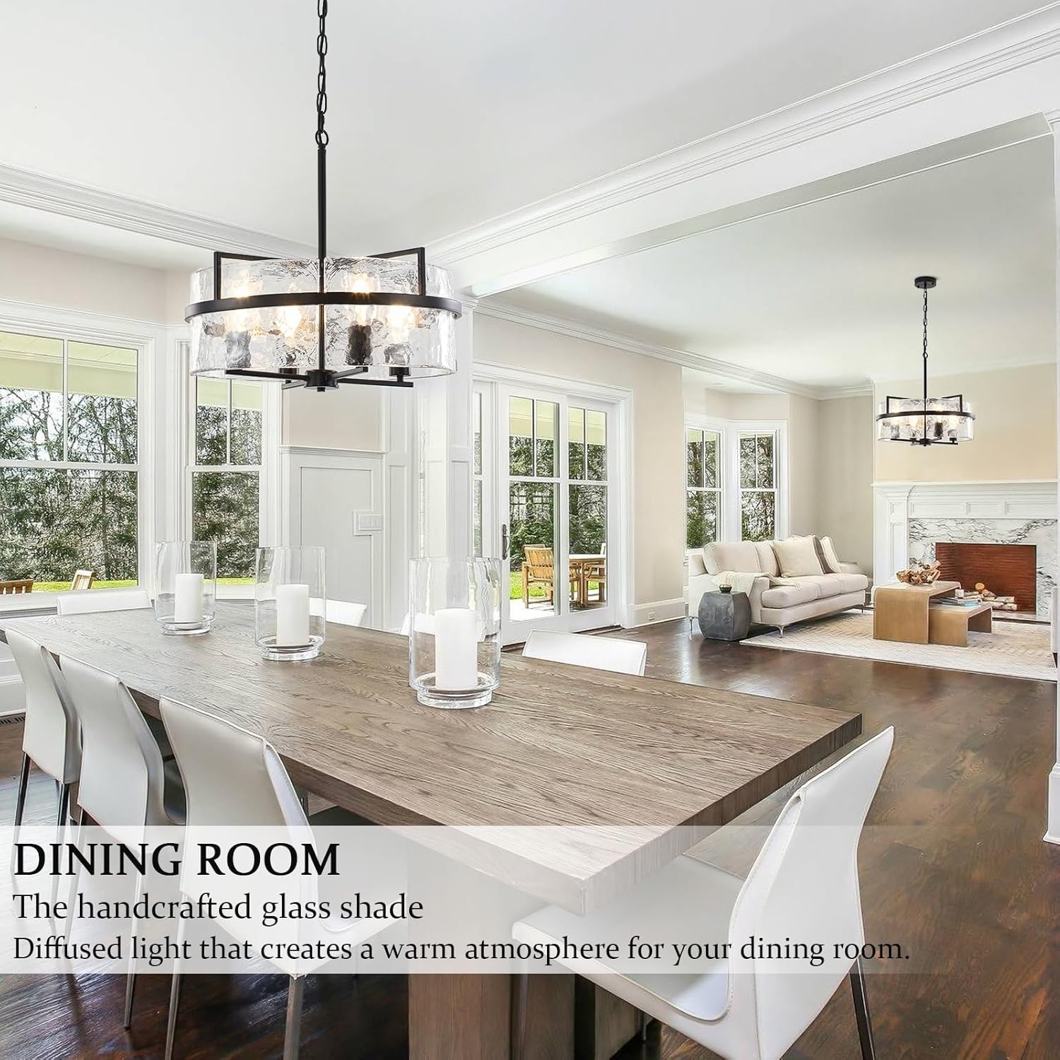 Black Drum Chandelier,19.7" Modern Water Ripple Glass Chandeliers Over Table 4-Light Large Round Hanging Pendant Light Fixtures for Dining Room Living Room Foyer Bedroom Kitchen Island,E26