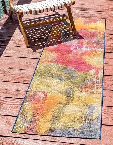 Unique Loom Outdoor Modern Collection - Alfombra de área - Azera (2 pies 7 pulgadas x 12 pies de pasillo, multicolor  azul)