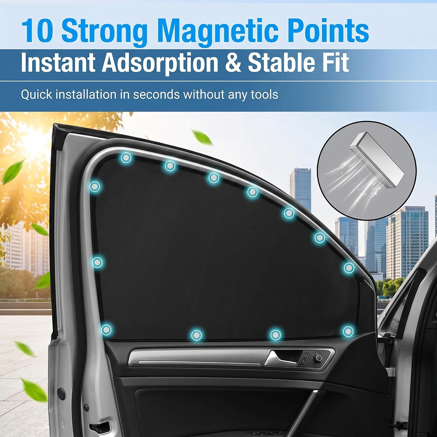 4 PCS Car Side Window Sun Shade, 24.40" x 18.89" x 12.99" 31.49" x 18.89" Front Rear Magnetic Window Shades, Strong Blackout Privacy Protective Curtain, Heat Insulation for Most Cars (Black)