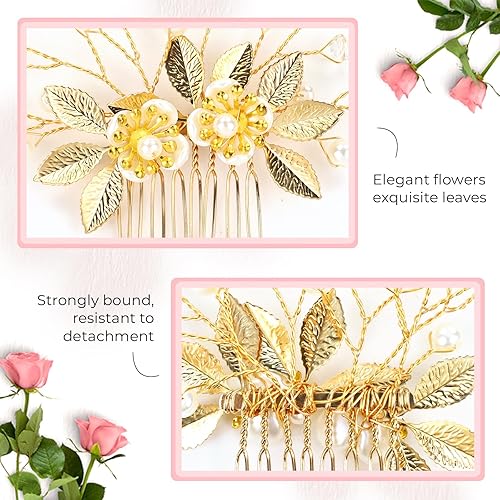 Miniatura 5 de inSowni 7 piezas de graduación nupcial de metal dorado perla flor peine lateral de pelo deslizante y horquillas en forma de U accesorios para