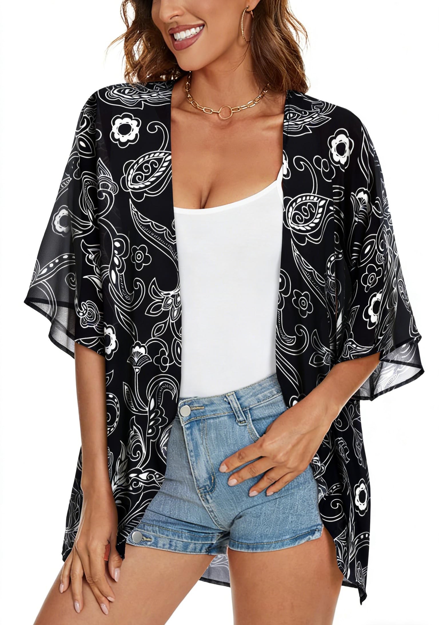 ADOREJOY Women's Tops Summer Kimono Cardigan Floral Print Puff Sleeve Swimsuit Cover Up Casual Loose Fit Blouse — view 25