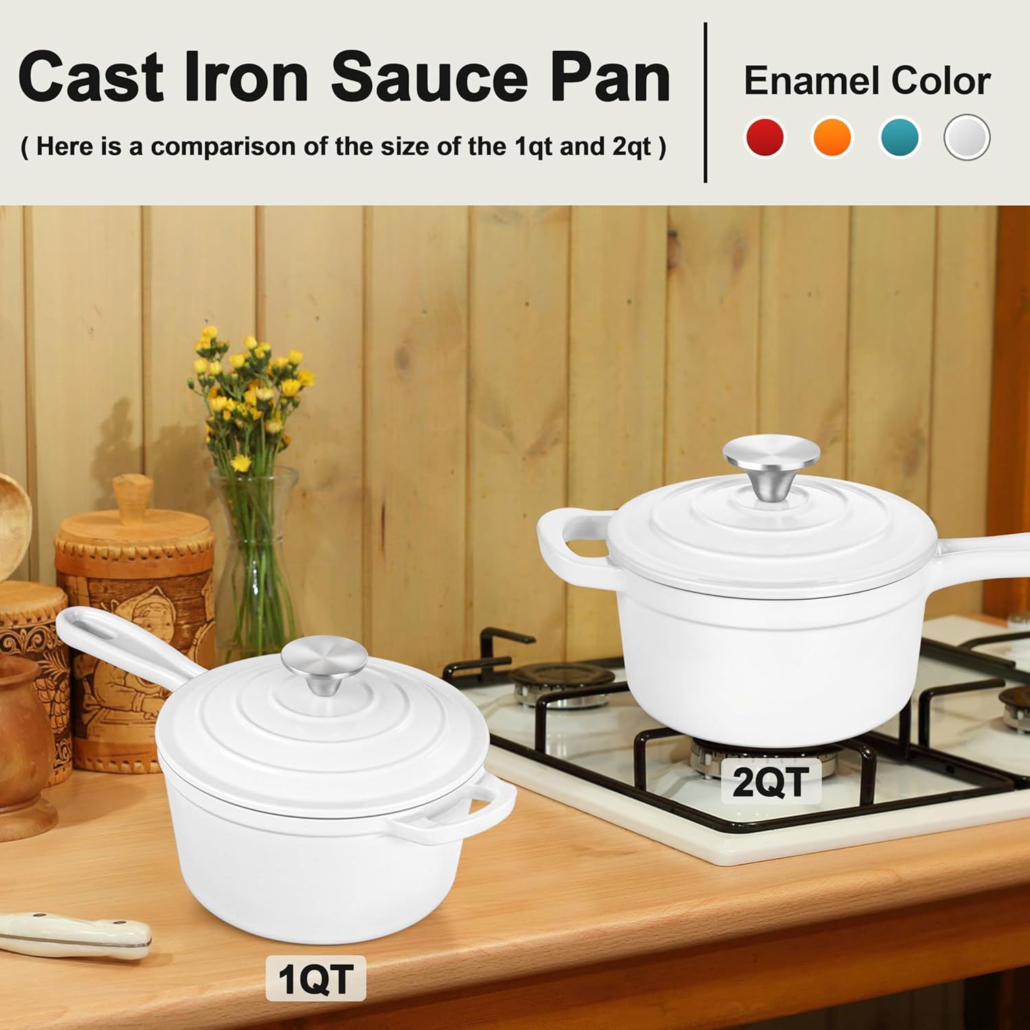 2 Quart Saucepan with Lid, Leonyo Enameled Cast Iron Sauce Pan, Heavy Duty Dutch Oven Cast Iron Pot Kitchen Cookware for All Cooktops Cooking Pasta, Milk, Soup- Up to 500°F & 6.7Lbs, White