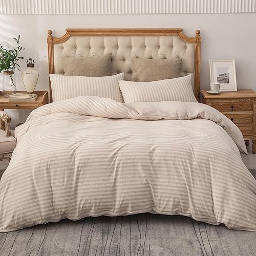 Miniatura 9 de PURE ERA Juego de funda de edredón de punto de jersey, 100% algodón de camiseta jaspeado, súper suave, cómodo, diseño clásico a rayas, con cierre de