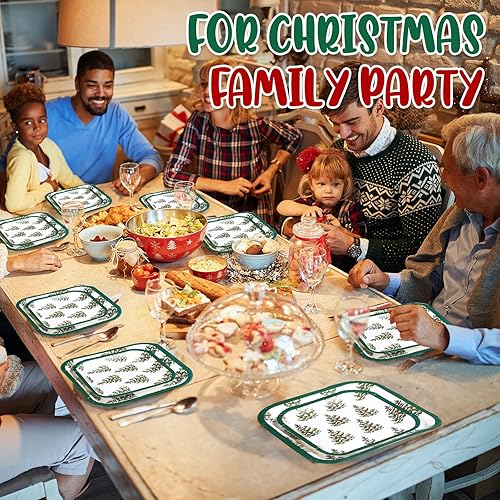 Miniatura 7 de Layhit Juego de 80 platos de papel de Navidad a granel de 7 x 9 pulgadas, juego de platos cuadrados desechables de Navidad, árbol de Navidad, cena,