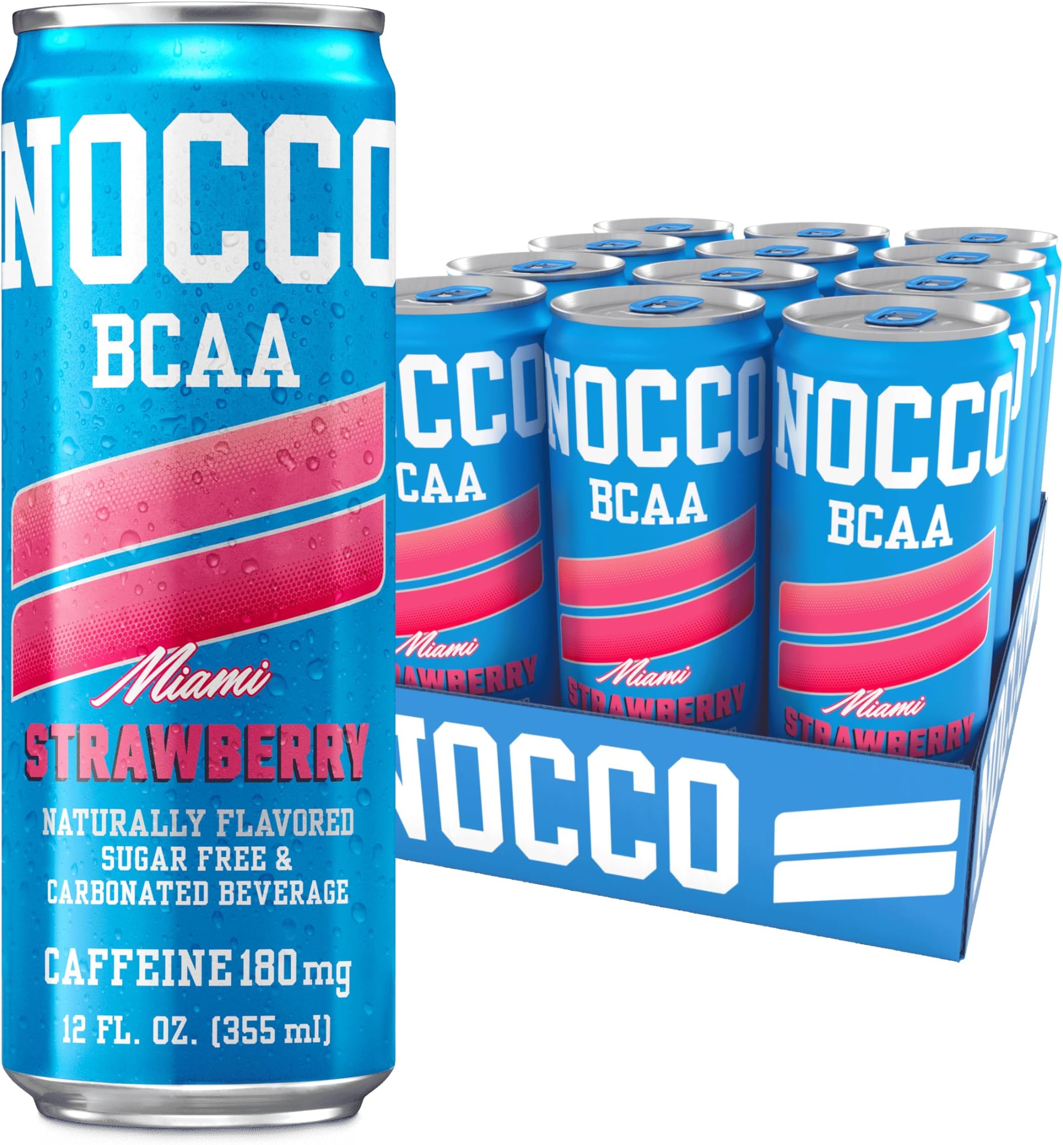 Zero Sugar Energy Drink, Miami Strawberry - 12 Fl Oz (Pack of 12) - 180mg Caffeine, Sugar Free, Branched Chain Amino Acids, Carbonated, Low Calorie, B Vitamins, Grab & Go Performance Beverage