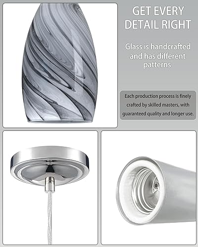 Miniatura 10 de Paquete de 3 lámparas colgantes ajustables para isla de cocina, con acabado de níquel pulido, soplado a mano, cristal de mármol, pantalla para bar,