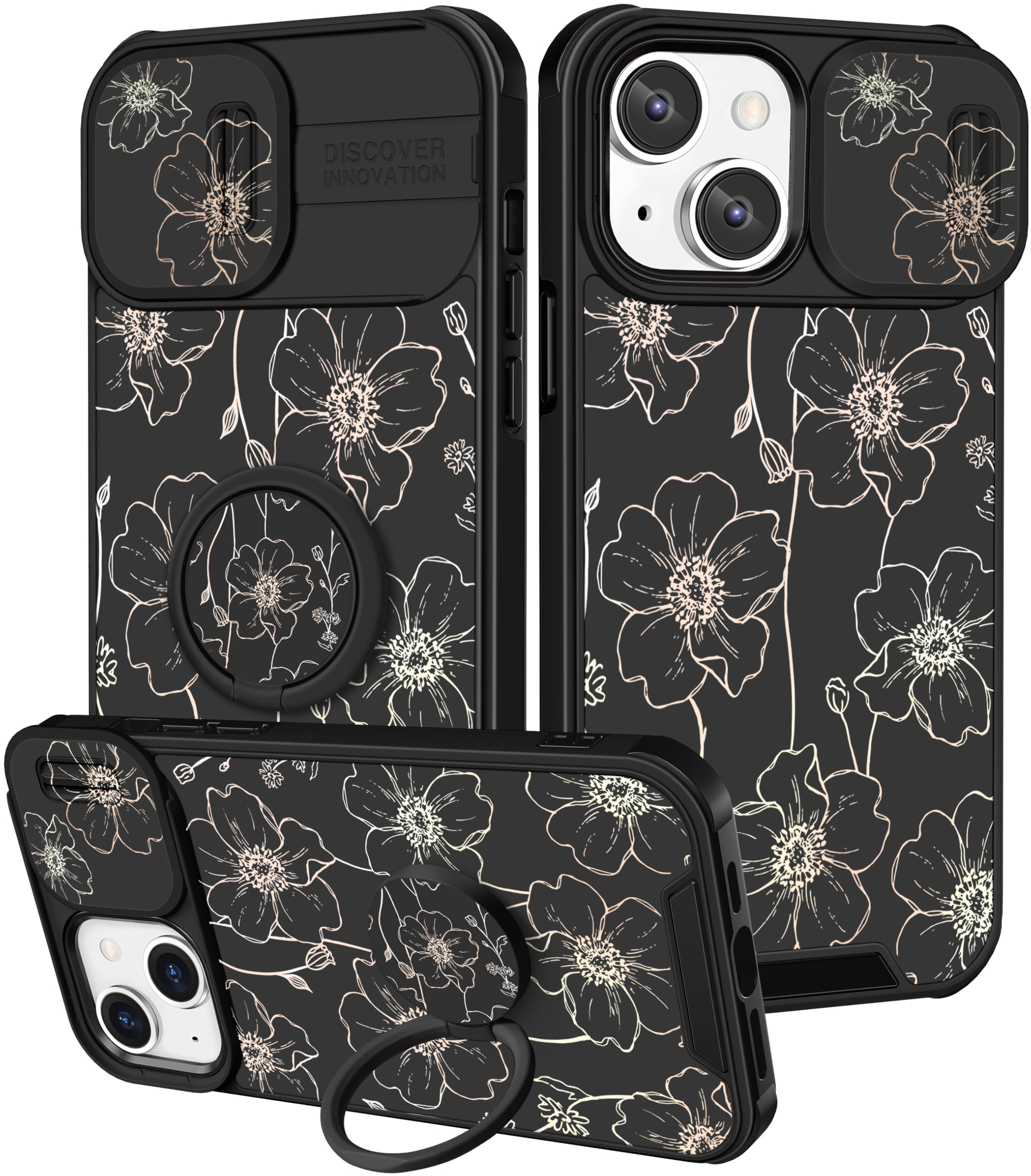 Funermei for iPhone 13/for iPhone 14 Case - Women Girls Cute Phone Cover Girly Pretty Aesthetic Black Floral Flower Unique Design with Camera Cover Funda for Apple for iPhone 13/for iPhone 14