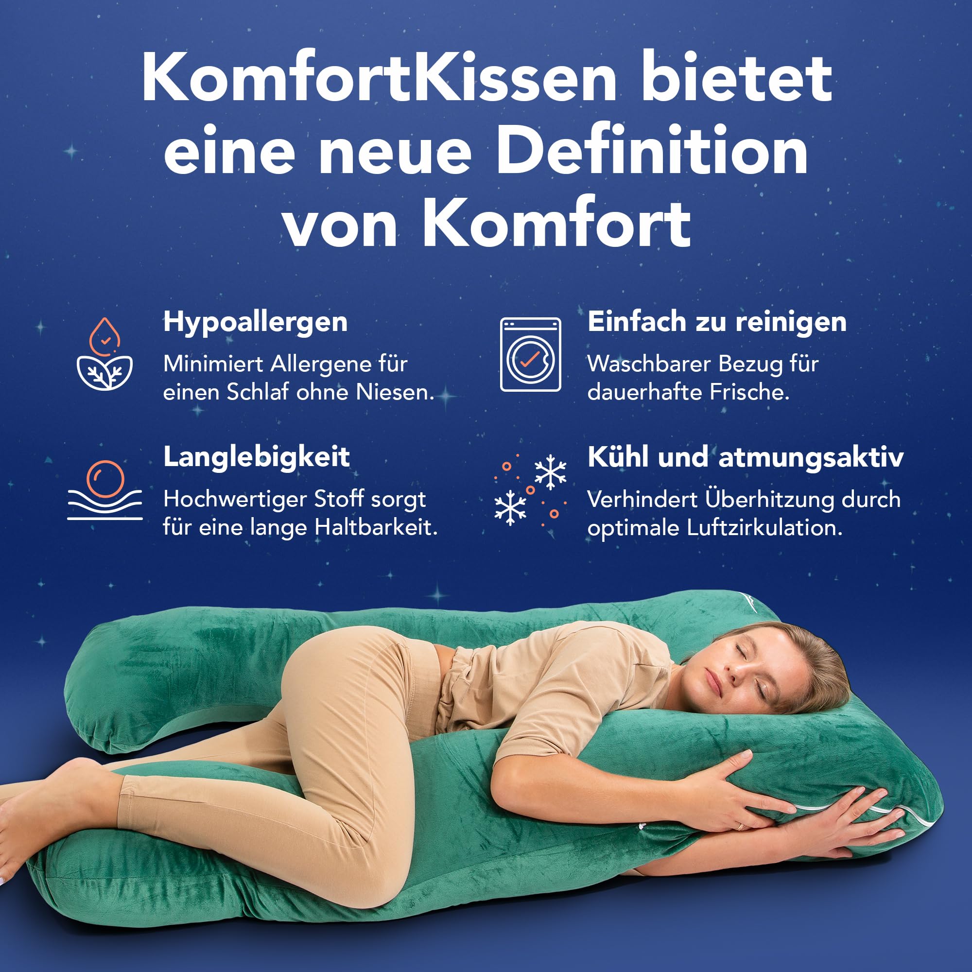 MKS Seitenschläferkissen 100 x 150 cm Ergonomisches Kühlendes Kuschelkissen Mikroplüsch Grün