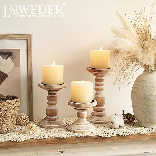 Miniatura 2 de Portavelas de pilar de madera 3 portavelas blanco rústico para velas de pilar, portavelas de madera envejecida, portavelas rústico grande para mesa
