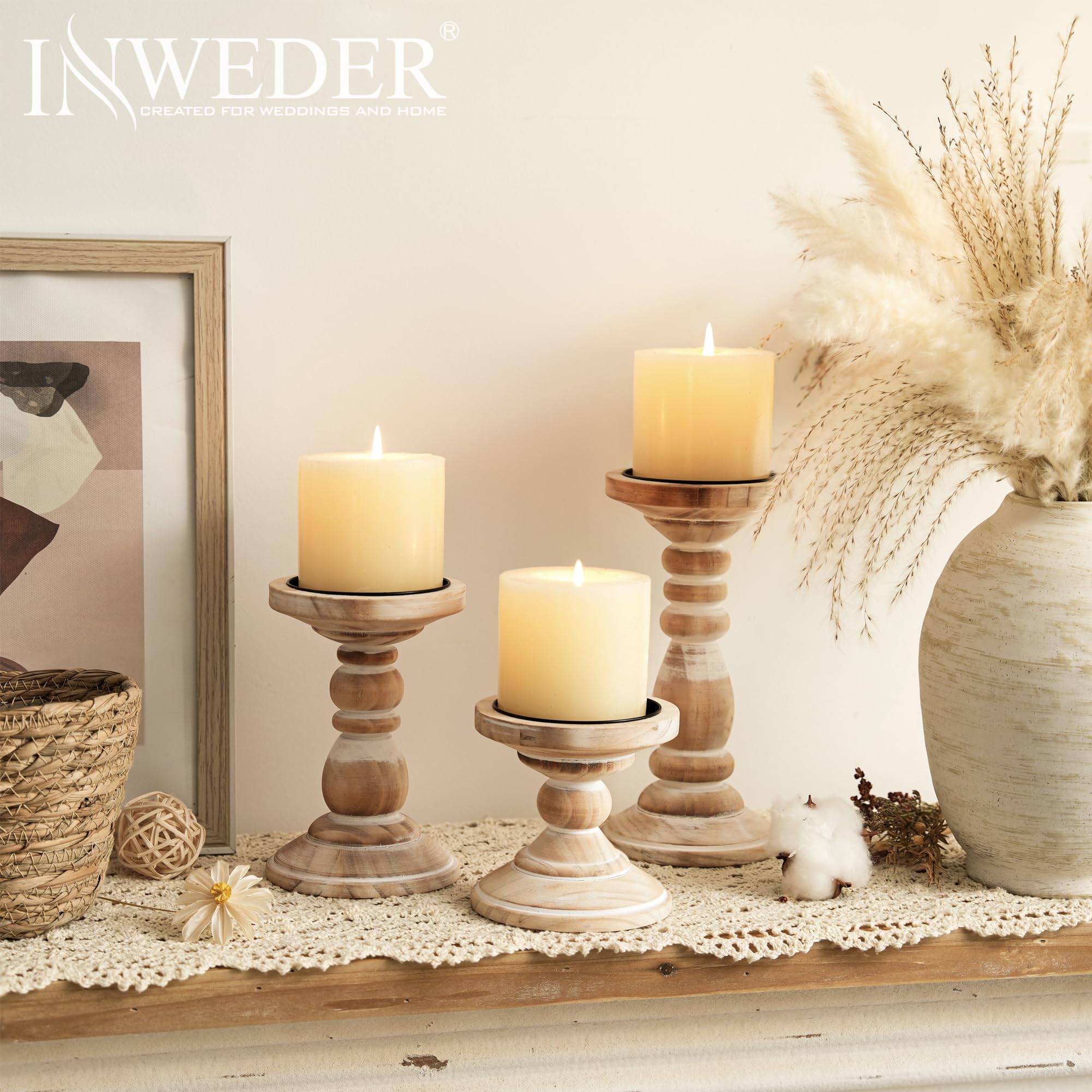 Inweder Houten kandelaars voor pijler: rustieke kandelaars noodlijdende houten boerderij kandelaar voor huisdecoratie hoge pijler kandelaar voor open haard tafel feest evenement (1, distressed White