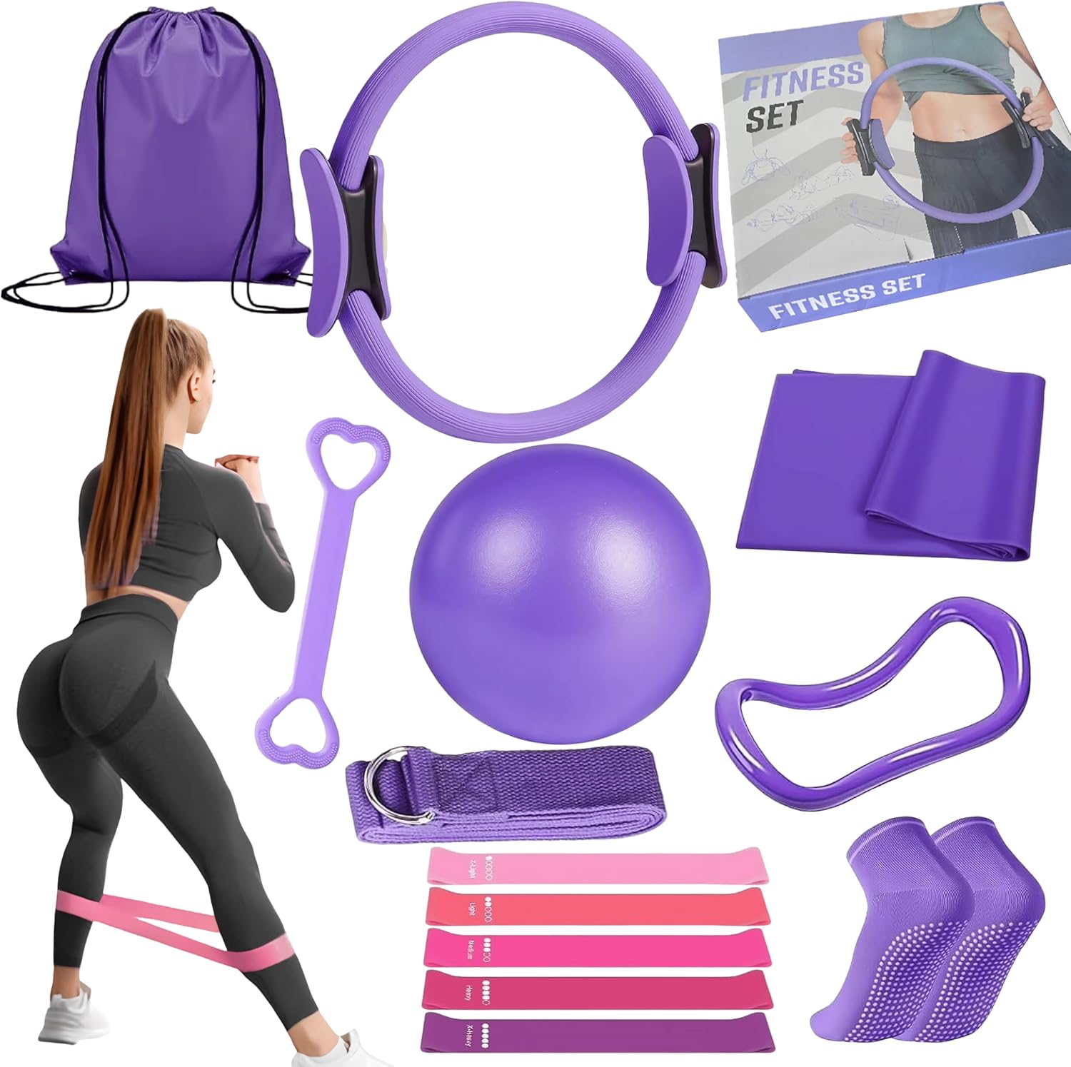 Kit de Pilates de 13 Piezas con Pelota, Aro y Bandas de Resistencia