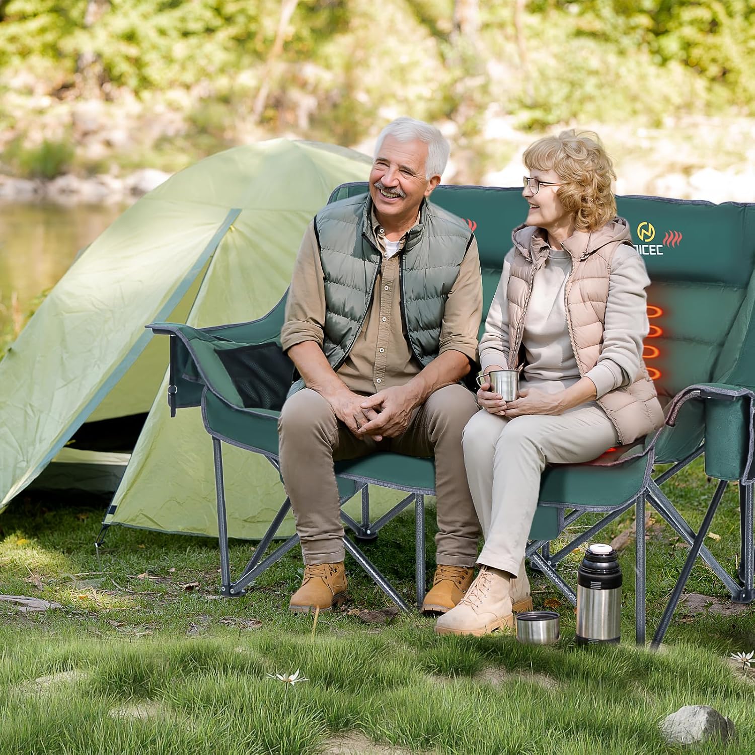 Nice C Heated Camping Chair with Battery, Heated Double Camping Couch, Oversized Thick Padded Loveseat, Heated Camping Chair for Adults, with Cooler Bag, Bottle Opener, Power Bank (Green) - Image 5