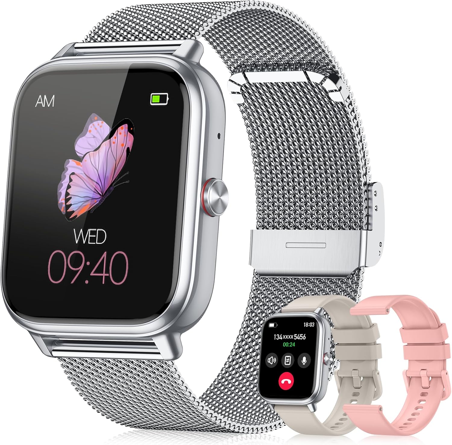 Smart Watch for Women Men- 1000mAh Battery Answer/Make Call, Fitness Step Tracker Watch with Sleep Monitor/Activity Counter/110+ Sport Mode for Andriod iPhone iOS Compatible - 3 Straps