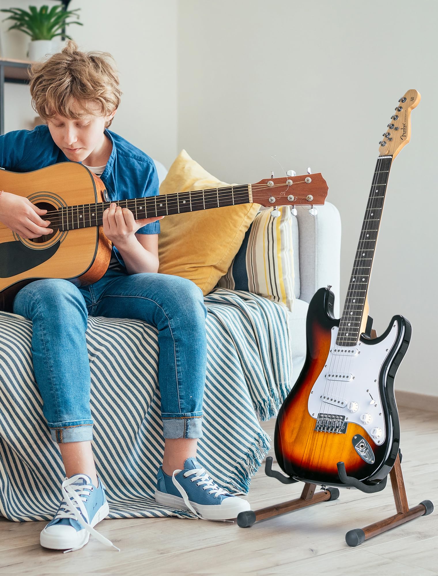 soporte guitarra, soporte guitarra suelo, soporte para guitarra, soporte para guitarra acústica con espuma acolchada, soporte de madera de nogal negro para guitarra acústica y eléctrica