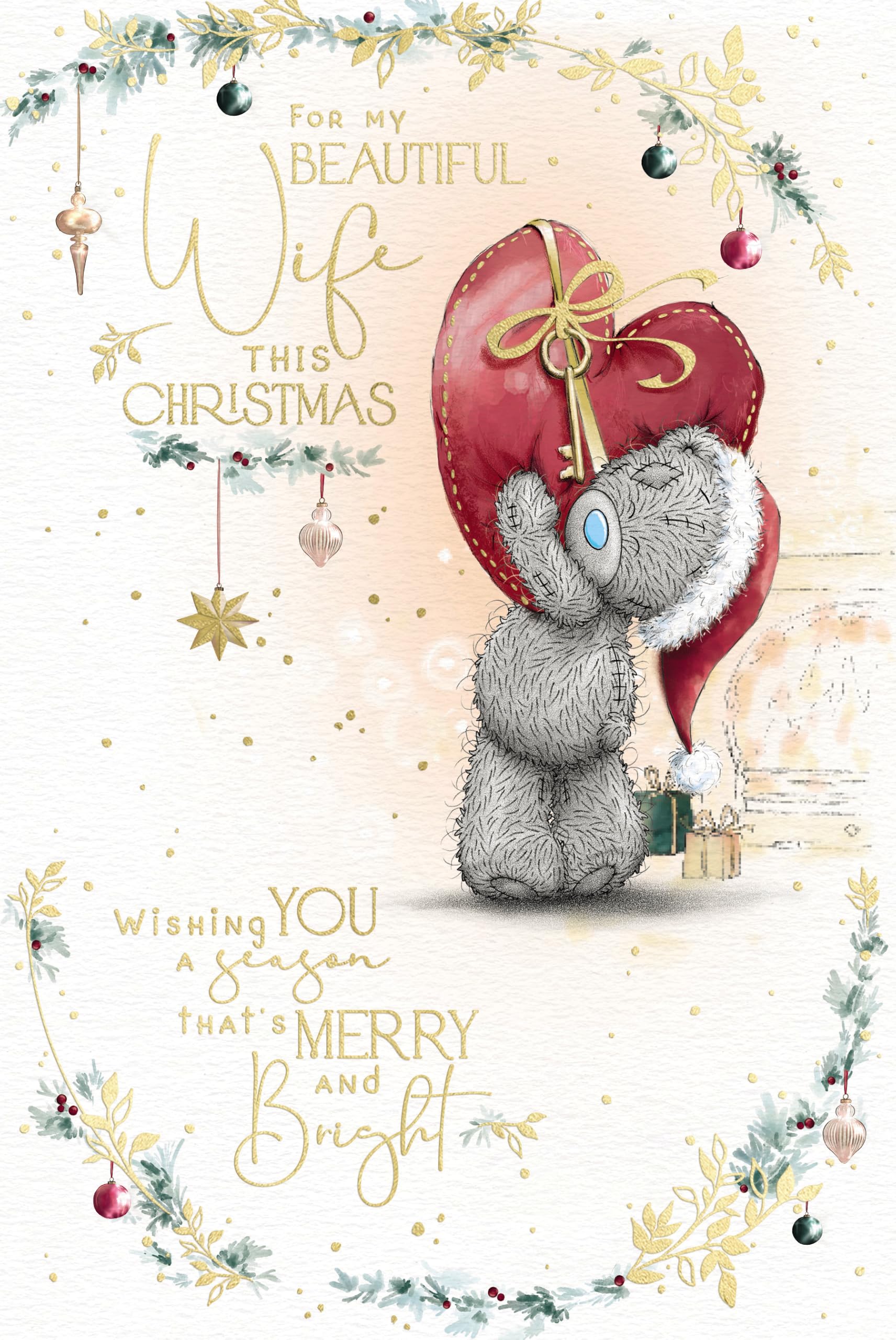 Me To You Tatty Teddy Christmas Card To Your Beautiful Wife, Tatty Teddy Bear Holding Up Big Red Heart 15.2 x 22.8 cm - Official Collection