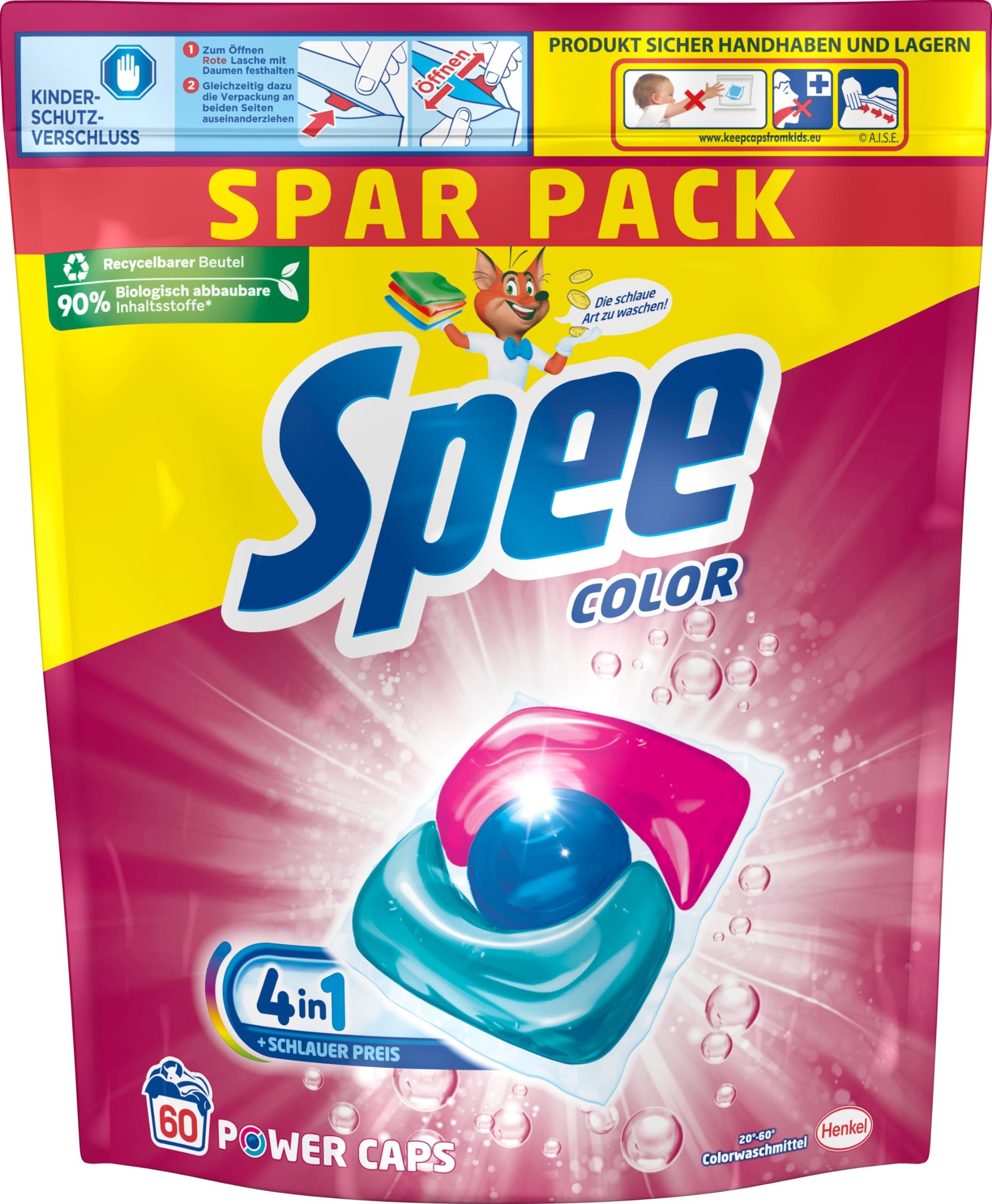 Spee Power Caps Color (1x 120 WL), Colorwaschmittel für Buntwäsche & Dunkles, vordosiertes Waschmittel & WC FRISCH Kraft Aktiv Duftspüler Lemon, 1x 200 g