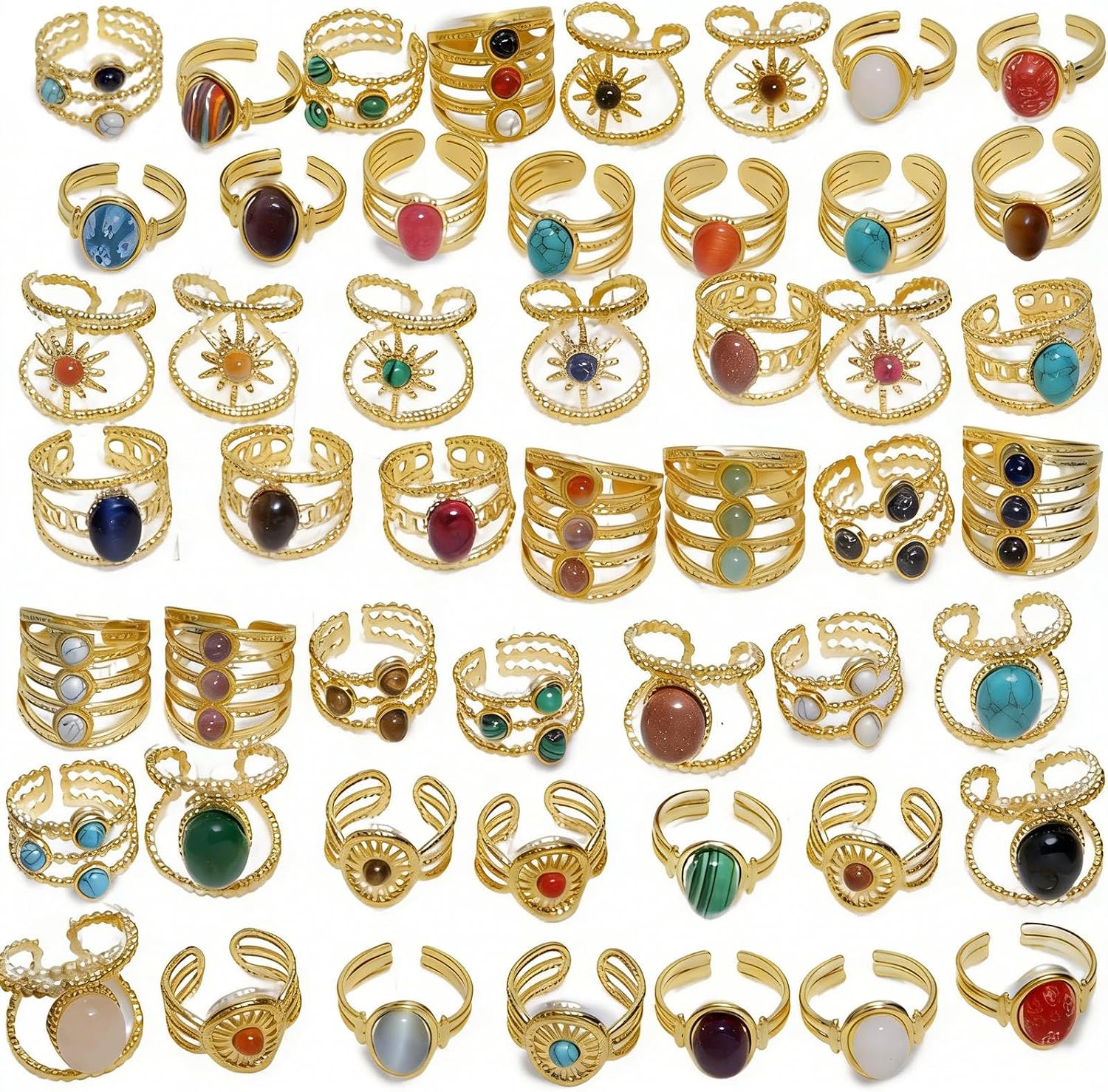 50Pcs Wholesale Bulk Rings for Women, Gold-Tone Stainless Steel Bohemian Style Adjustable Rings with Assorted Stones, Vintage Rings Set for Boutique & Gift Shop Retailers (50PCS)
