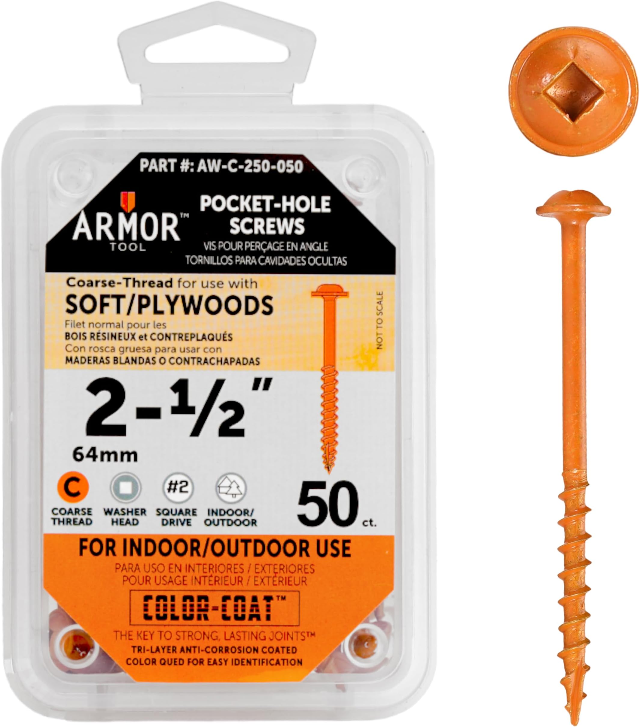 Pocket Hole Screws - 2-1/2" Coarse Thread Joinery Screws 50 Pack with Orange Color Coat & Square Drive - AW-C-250-050