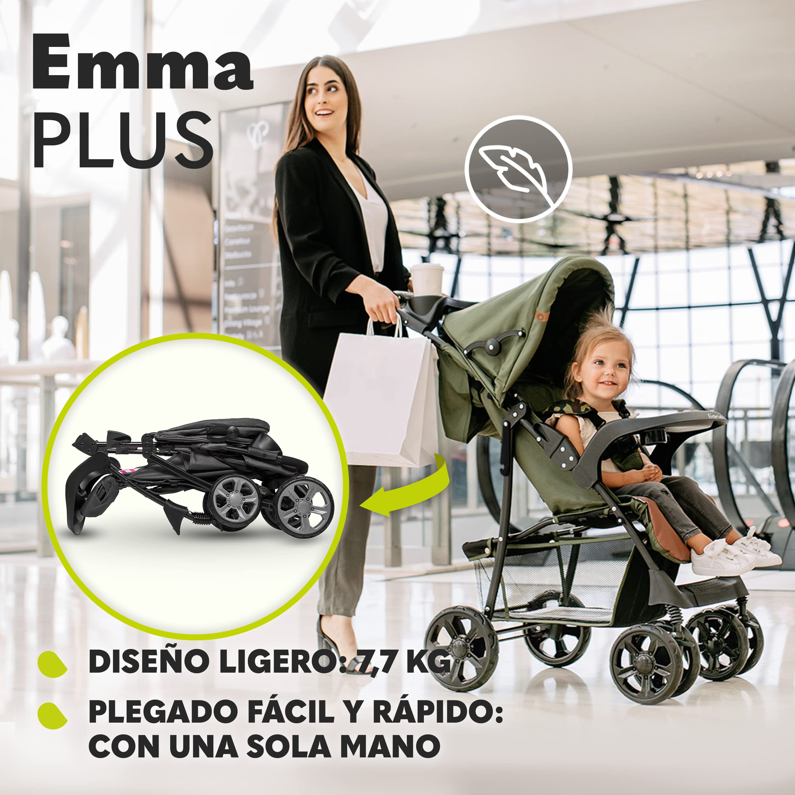 LIONELO Emma Plus Silla de paseo hasta 15 kg 6-36M Respaldo ajustable Cinturón de seguridad de 5 puntos Capucha profunda Organizador para padres