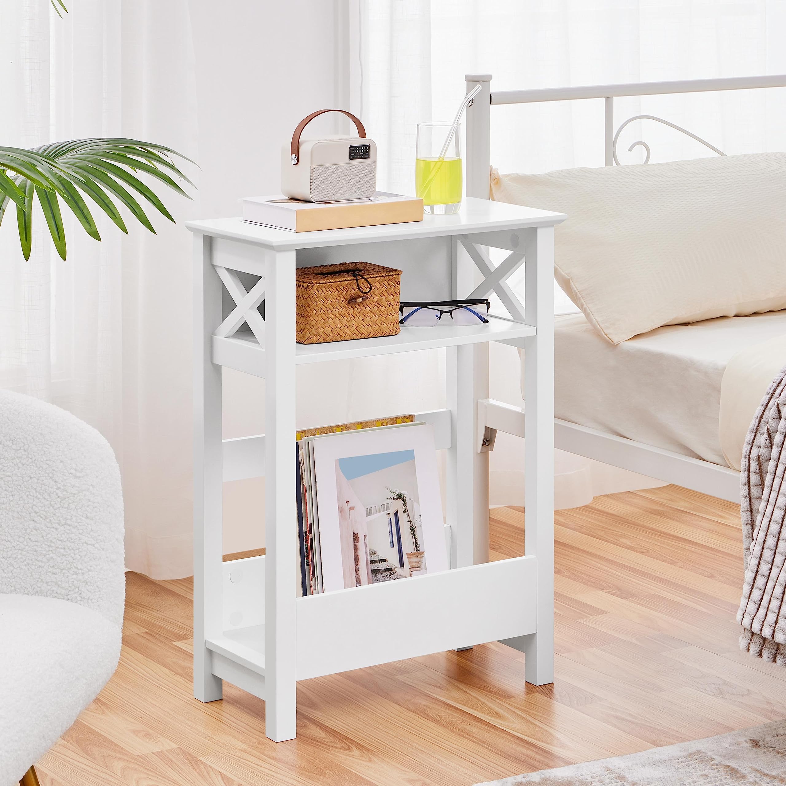Yaheetech Beistelltisch Couchtisch 3 Ebenen Nachttisch 50×25×70 cm, Weiß | Sofatisch mit Offenem Ablagefach & Zeitschriftenablage X-förmiger Kaffeetisch für Schlafzimmer/Wohnzimmer