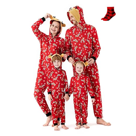 PATPAT Family Christmas Pajamas Matching Set Xmas Holiday Zip Up One Piece PJs Hooded Women Men Kid Baby Sleepwear Red Kids: 7-8 Years