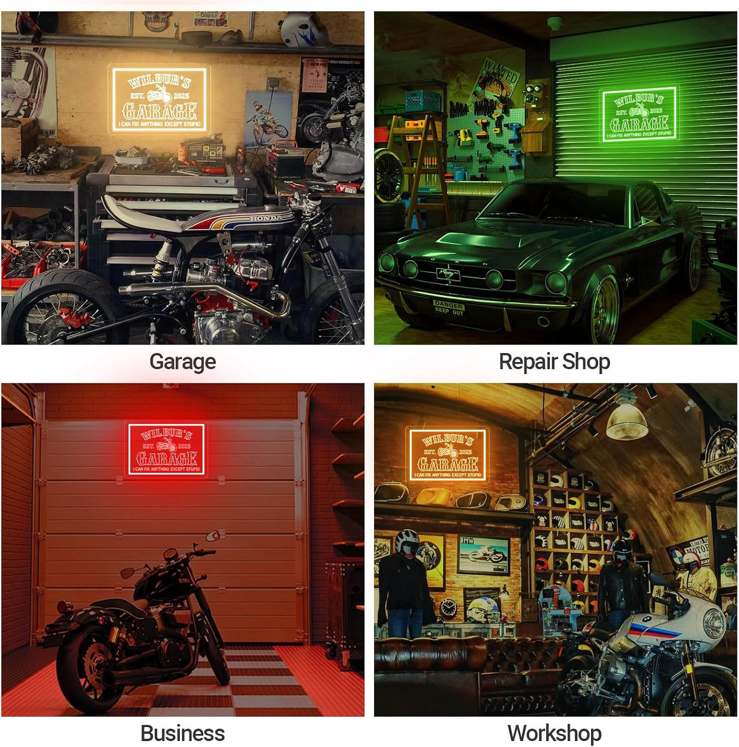 Custom Garage Neon Sign for Workshop, Personalized LED Neon Lights Motorcycle Signs for Wall Decor, Customized Garage Light Up Signs for Carport Repair Shop Carbarn Man Cave Business, Men Dad Gifts