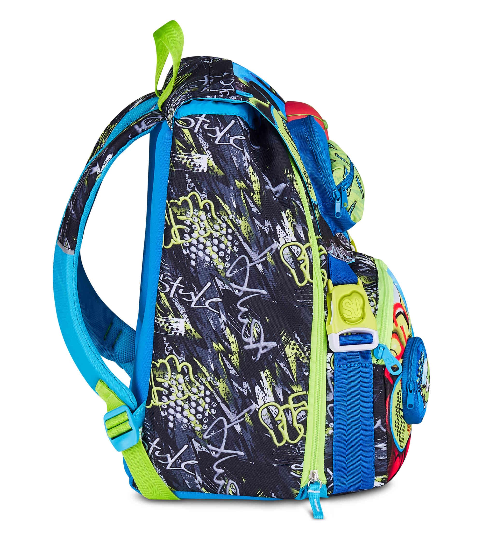 SJ GANG STYLE JAM GANG Zaino Scuola Estensibile SOFT POUCH BOY, Nero, 24L, Zip Laterali, Applicazione cappellino in silicone, Tasca frontale, Tasca portaborraccia, Scuola elementare, Bambino