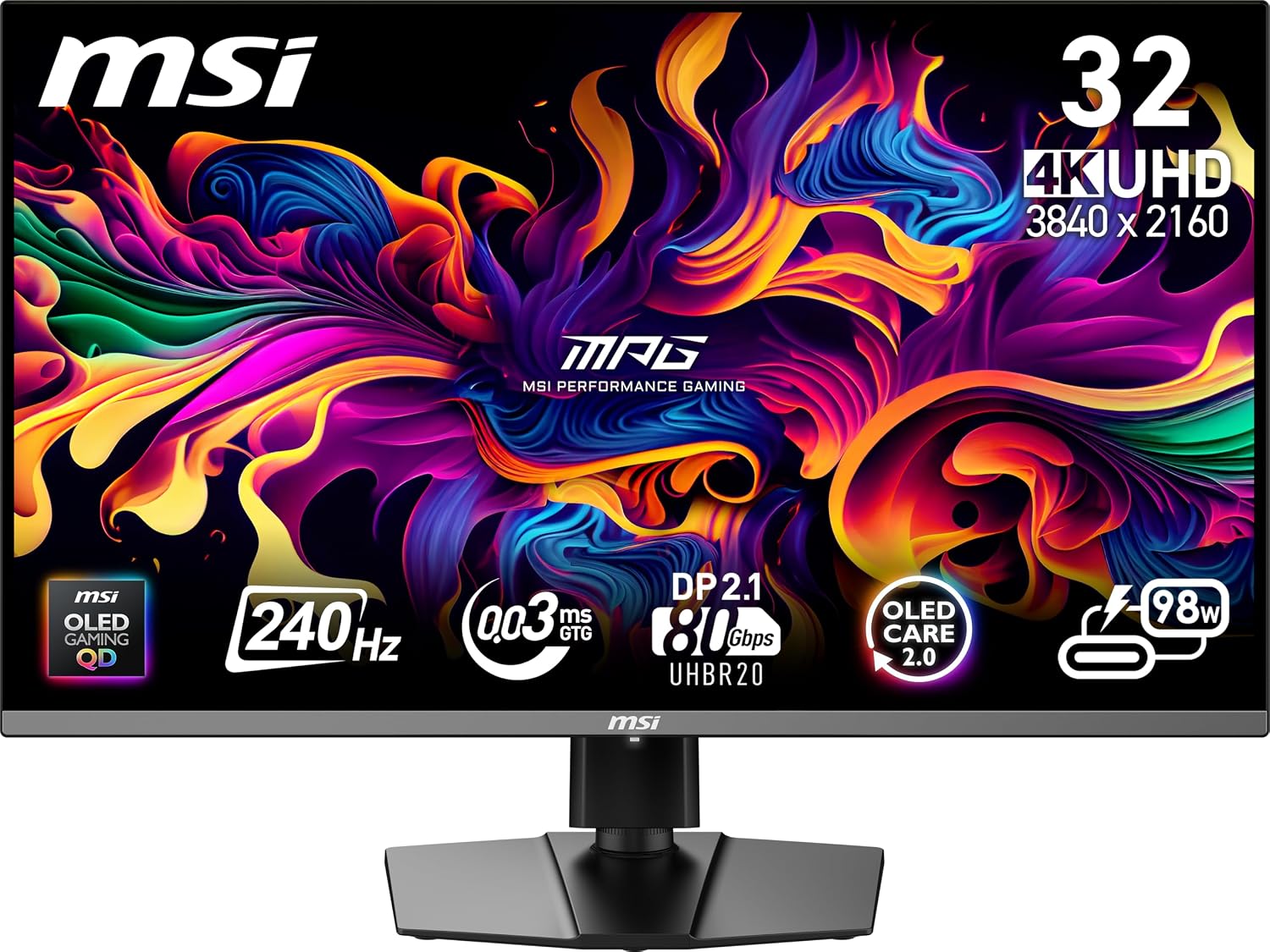 MPG 322URX QD-OLED 32-inch 3840 x 2160 (UHD) Computer Monitor, 240Hz, Adaptive-Synch, HDMI, DP Port, VESA Mountable, Tilt, Speaker, 0.03ms, Black