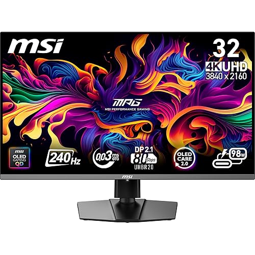 MSI MPG 322URX QD-OLED 32-inch 3840 x 2160 (UHD) Computer Monitor, 240Hz, Adaptive-Sync, HDMI, DP Port, VESA Mountable, Tilt, Speaker, 0.03ms, Black