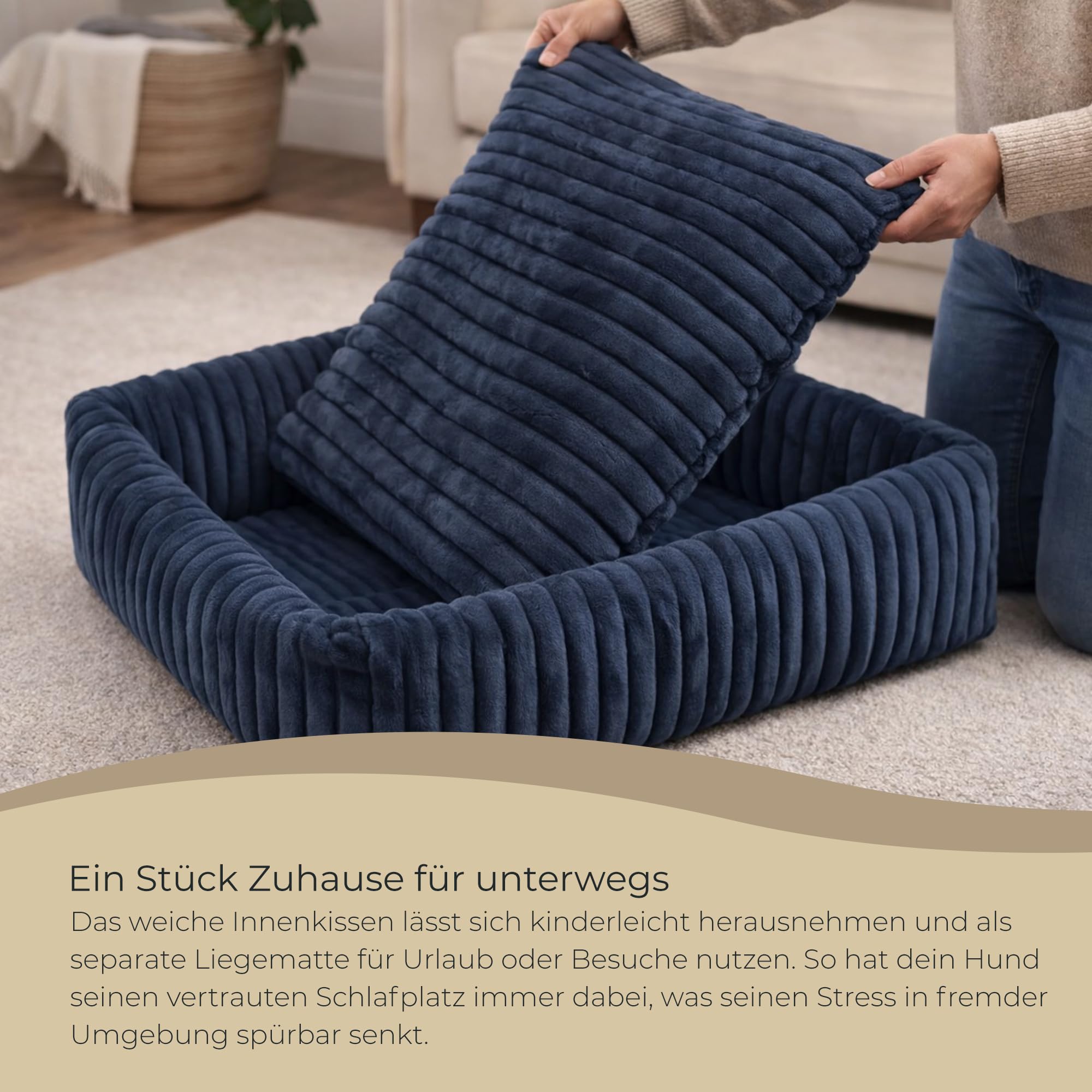 Hundebett - 75 x 65 cm Breitcord - mit stabilen Rändern und Silikonfaser-Füllung - mit separater Liegematte für Unterwegs - Hundekissen Ecru