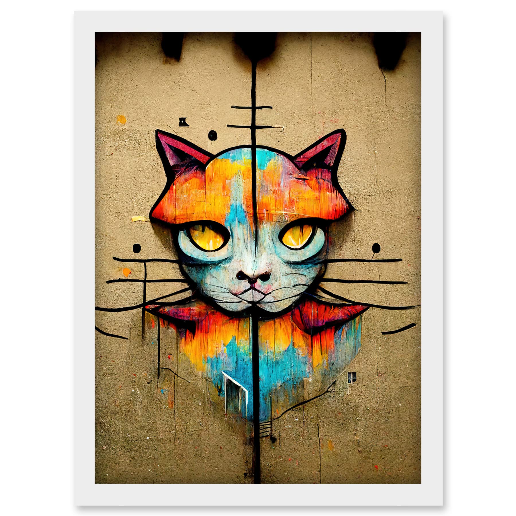 Doppelganger33 LTD Vibrant Symmetrical Street Art Mural Graffiti Cat Artwork Framed A3 Wall Art Print