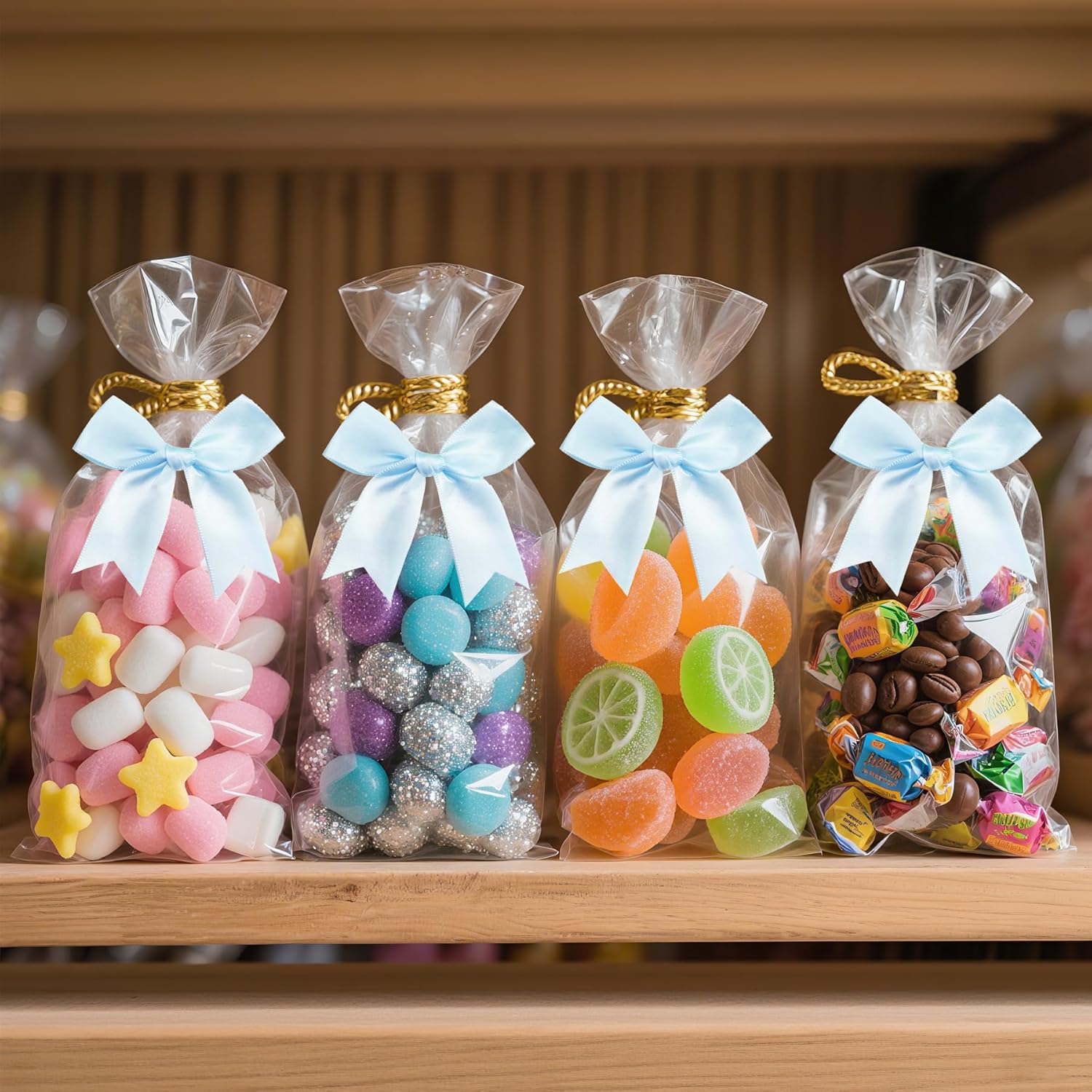 100 Pcs Twist Tie Bows Satin Ribbon Bow 3.3 Inch Gift Wrap Bow Craft Bows for Gift Wrapping, Party Decorations Gifts Bag DIY Treat Bags Light Blue (Light Blue, 1 Count(Pack of 100)) - Image 3