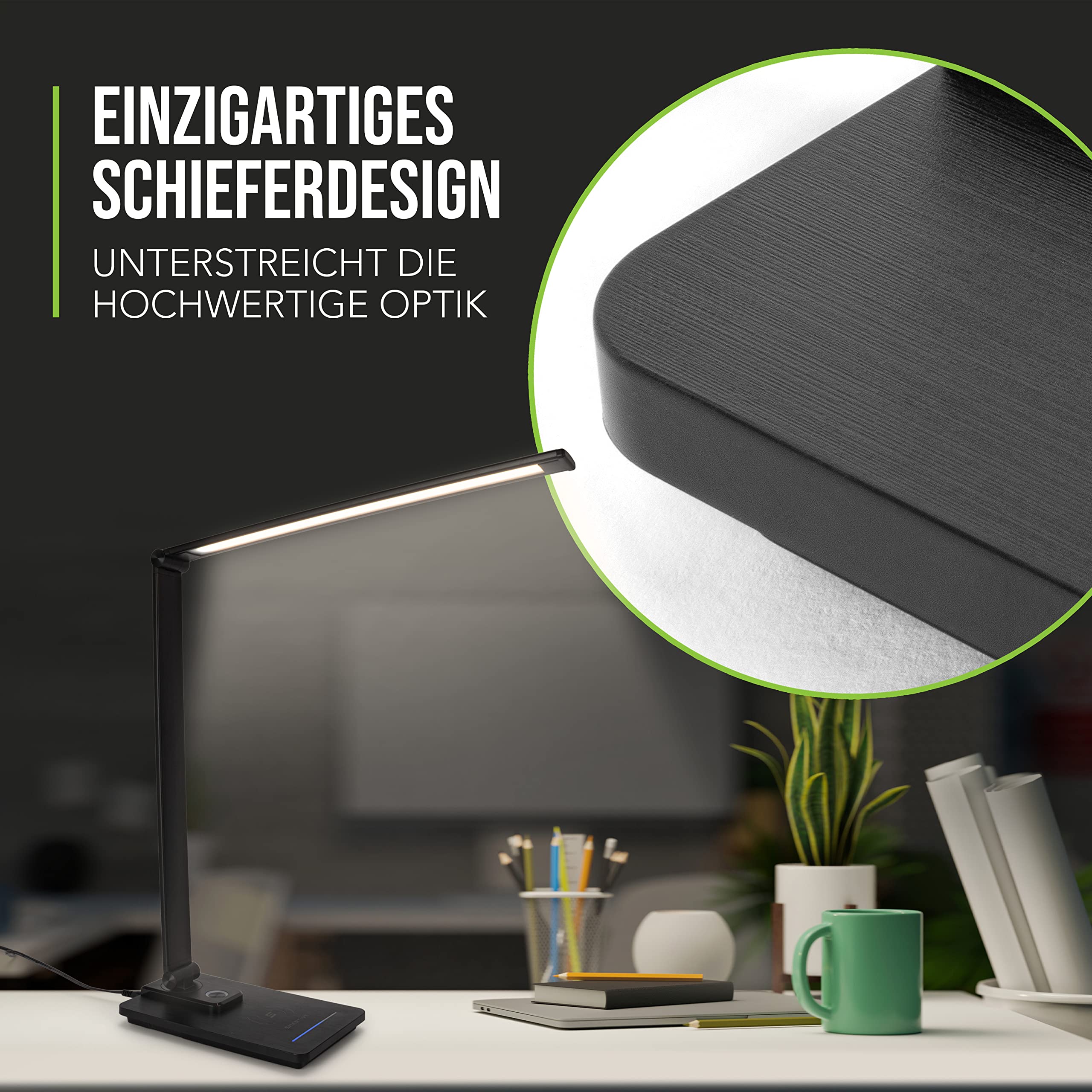 SMARTIVE | Design Schreibtischlampe mit kabelloser Ladefunktion - LED Bürolampe mit 10W wireless charging - augenschonendes Licht dimmbar und Laden ohne Kabel | desk lamp schwarz + USB Ausgang
