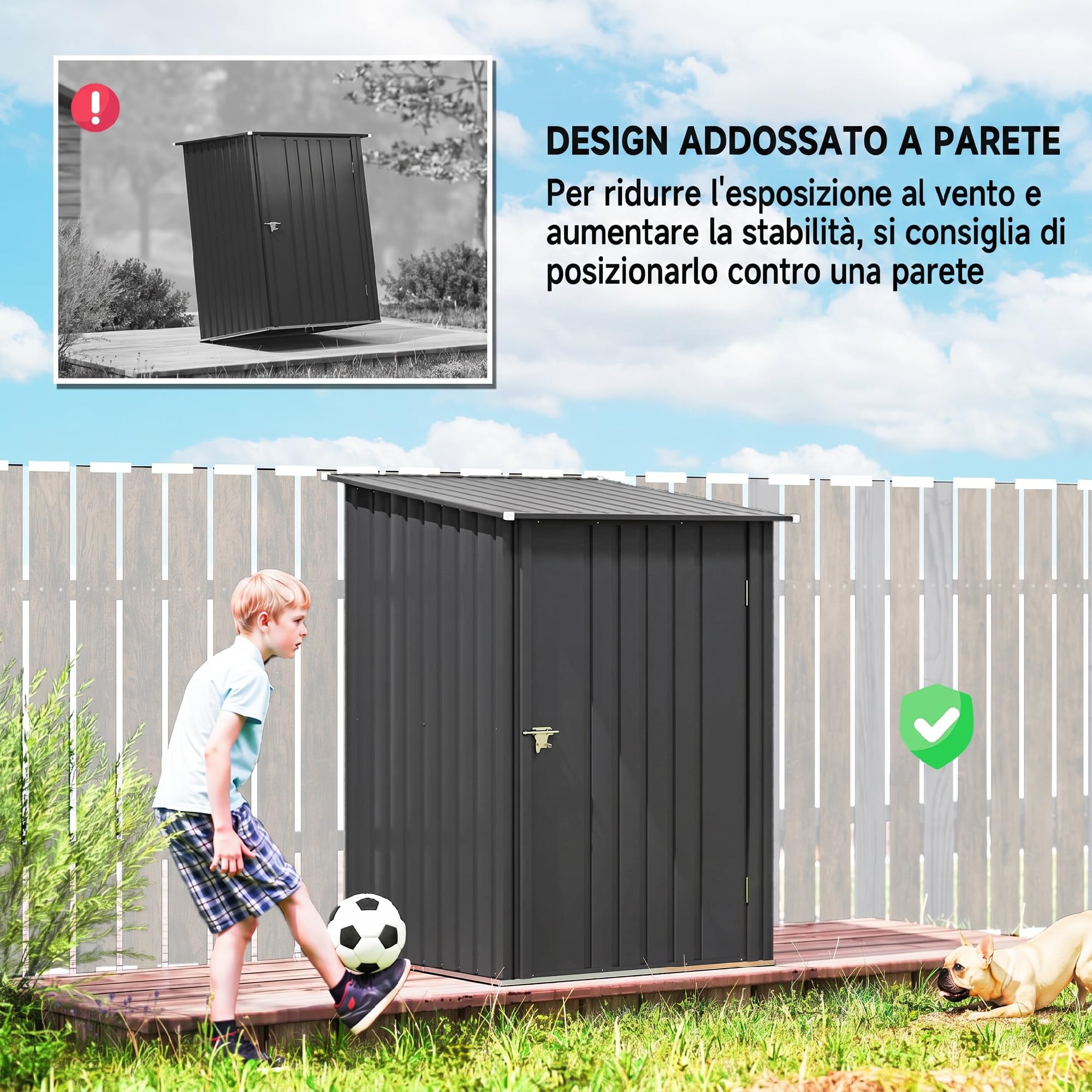 Outsunny Casetta da Giardino 0.92m² in Acciaio Zincato, Capanno Porta Attrezzi con Porta Battente Bloccabile, Tetto Inclinato, 100x104x160 cm, Grigio Scuro