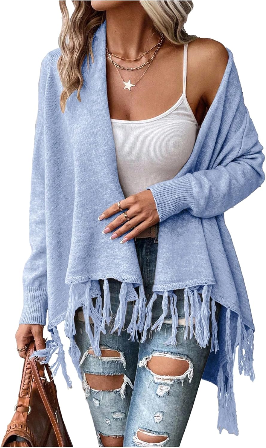 Women's Fringe Wrap Cardigan Western Boho Cowl Neck Long Sleeve Poncho Sweater Outerwear