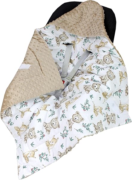 TupTam Baby Winter Einschlagdecke Babydecke 75x75cm für Autositz Babyschale Wattiert Minky Baumwolle Universal, Farbe: Rehlein/Bären/Beige/Hellbraun, Größe: Einheitsgröße - 1