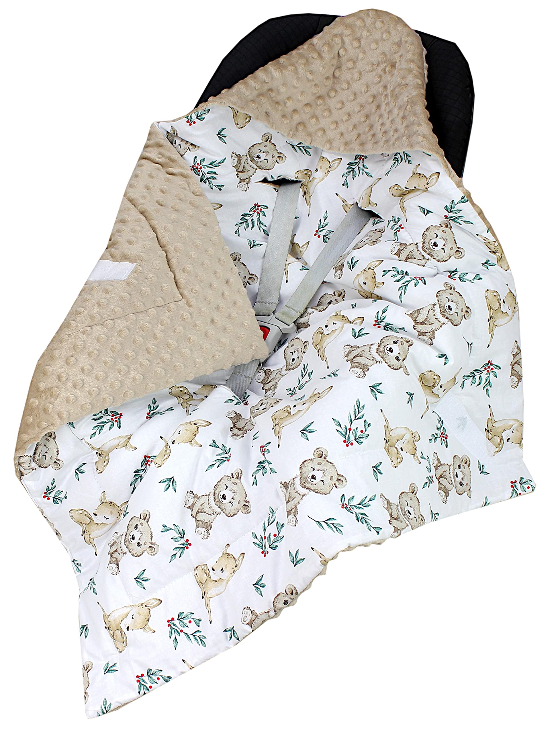 TupTam Baby Winter Einschlagdecke Babydecke 75x75cm für Autositz Babyschale Wattiert Minky Baumwolle Universal, Farbe: Rehlein/Bären/Beige/Hellbraun, Größe: Einheitsgröße