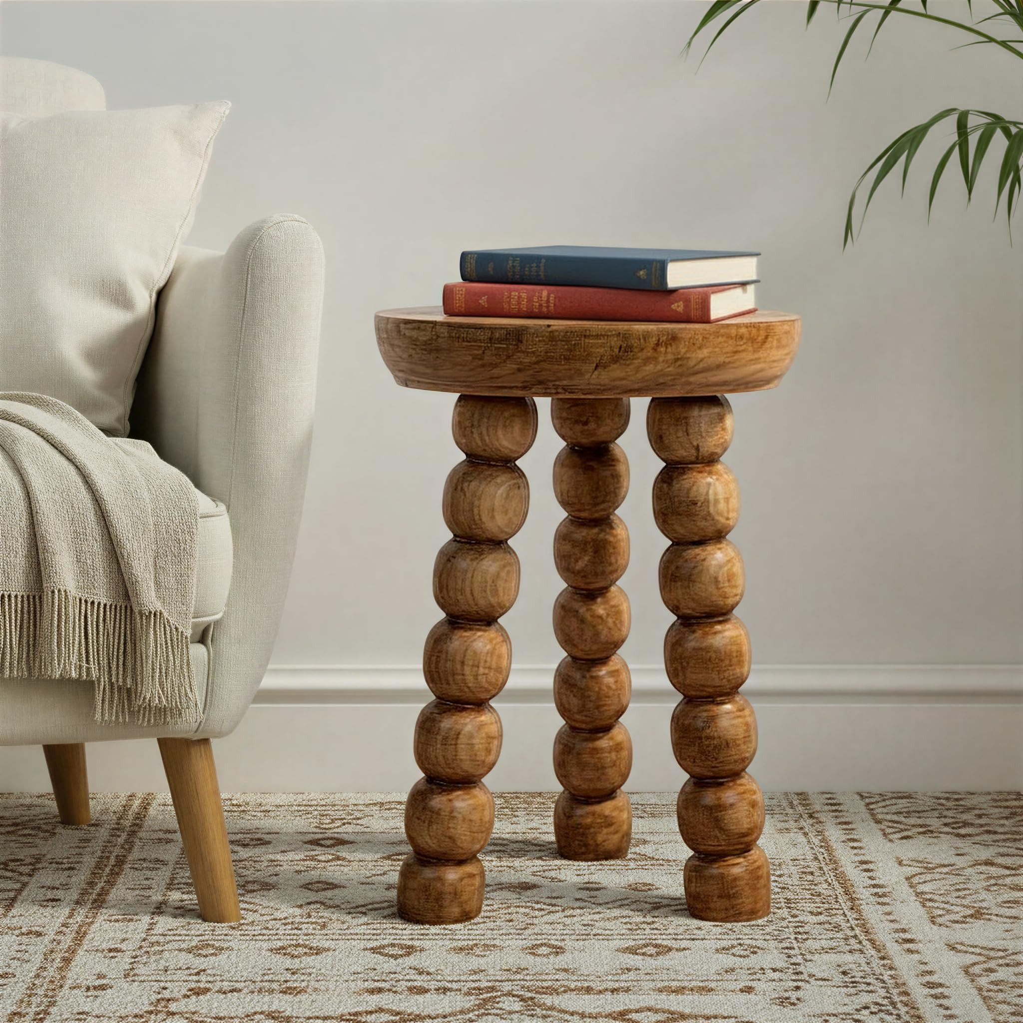 Creative Co-Op Paulownia Wood Bead Ball Tri-Pod Accent Table, Walnut