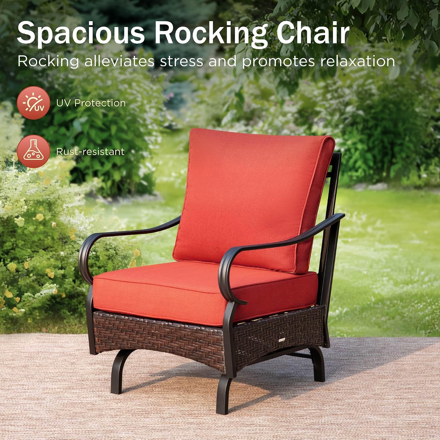 Patio Furniture Set with 32" Fire Pit Table, Patio Conversation Sets 4 Rocking Chairs with Thick Cushion and 50000 BTU Fire Pit Table (5 Pieces,Red