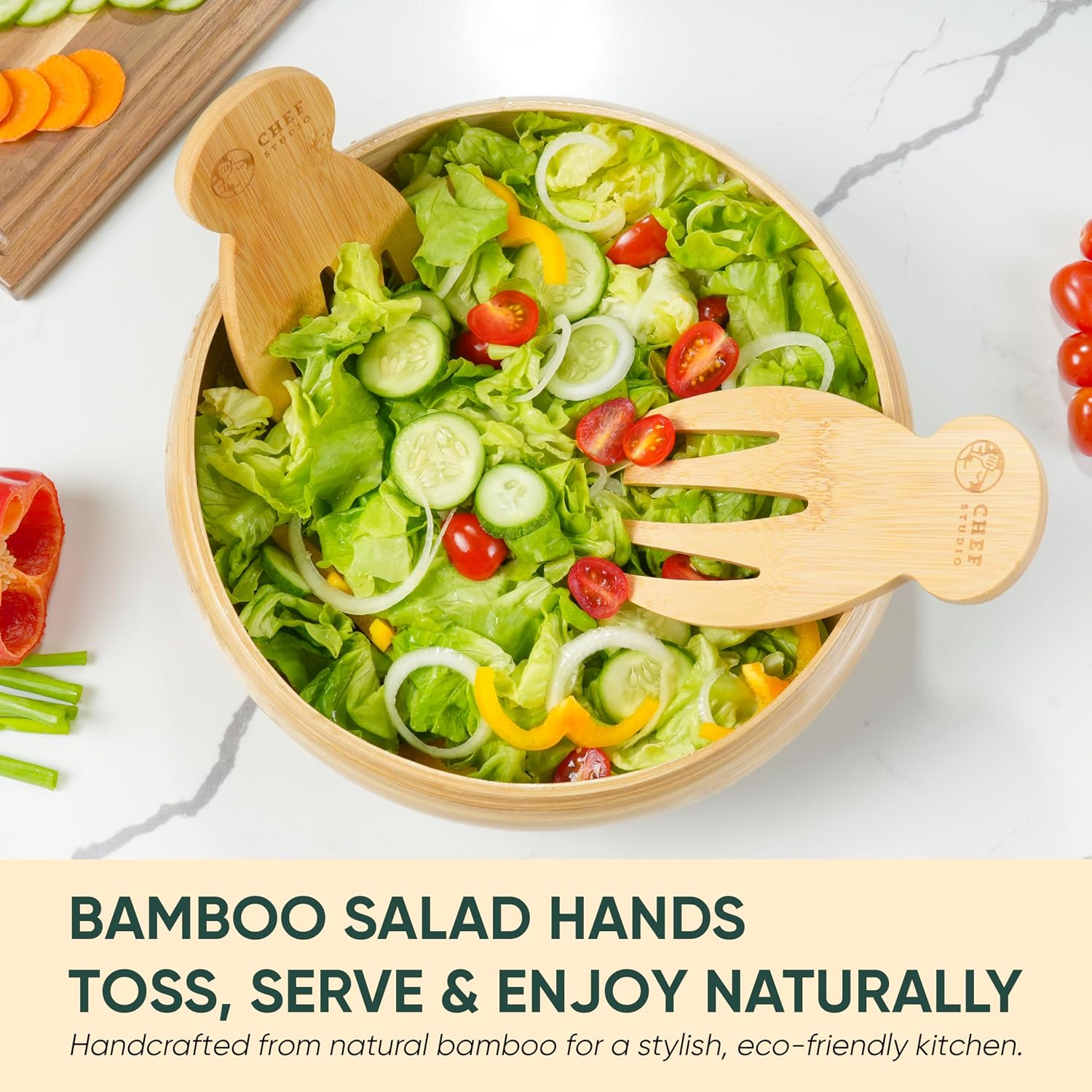 Bamboo Salad Hands Wooden Salad Serving Utensils – Natural Wood Salad Servers and Tongs Set, Ergonomic Salad Tossing Utensils, Wooden Salad Spoons for Mixing and Serving, Kitchen Gift Idea