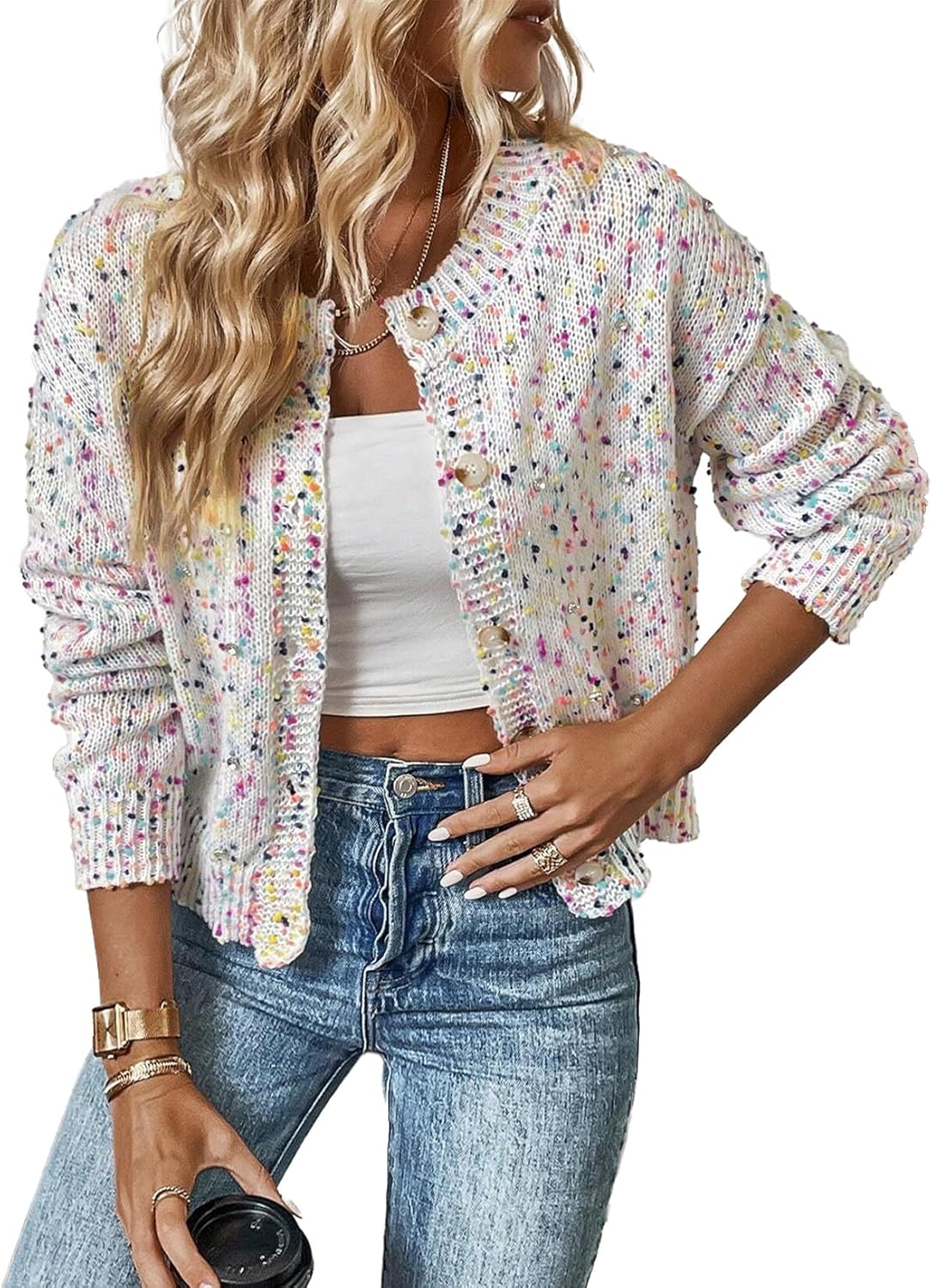 SELINK Women's Cardigan Sweater Elegant Rhinestone Decor Multicolor Confetti Sweater Cardigan Solid Long Sleeve Outwear